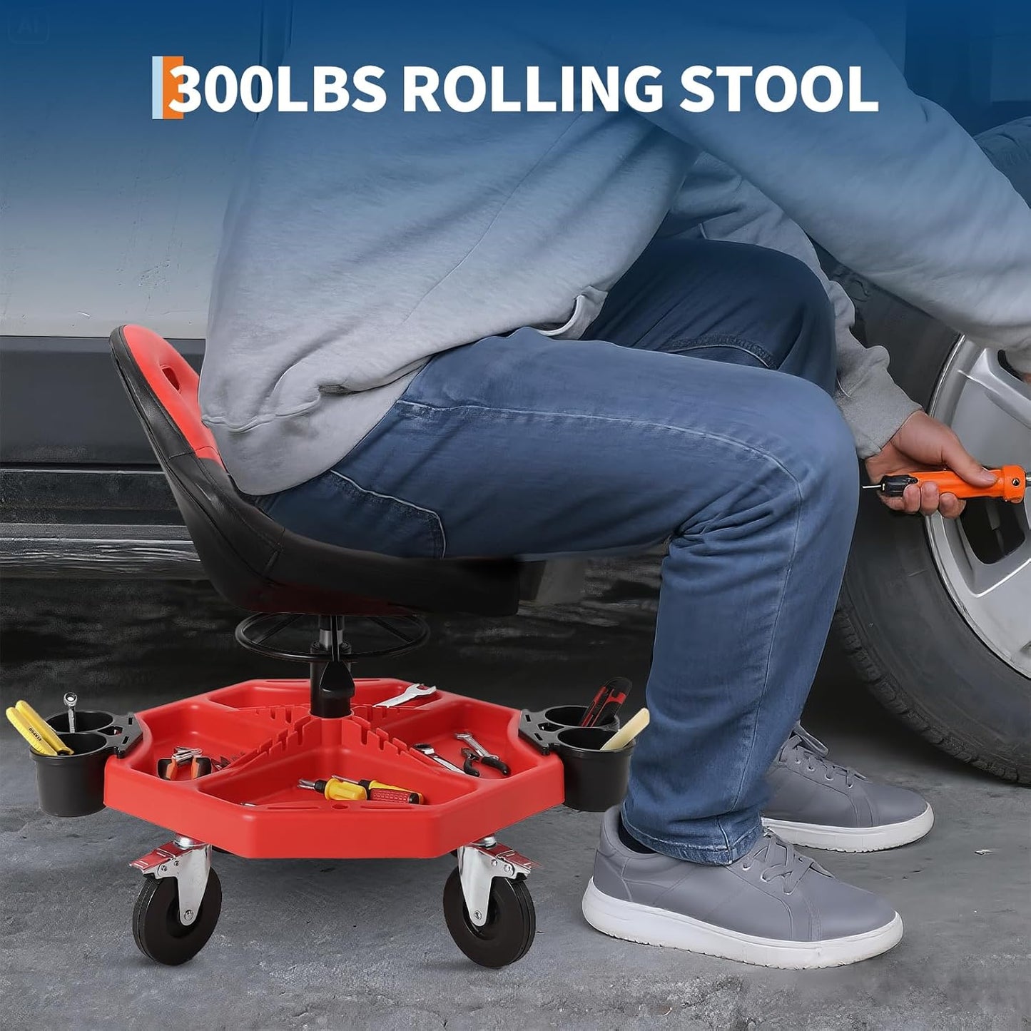 Garage Stool, 19”-24” Adjustable Rolling Mechanic Stool with Universal Wheels, Removable Magnetic Tool Tray, 300LBS Capacity, Roller Creeper Seat, Shop Chair