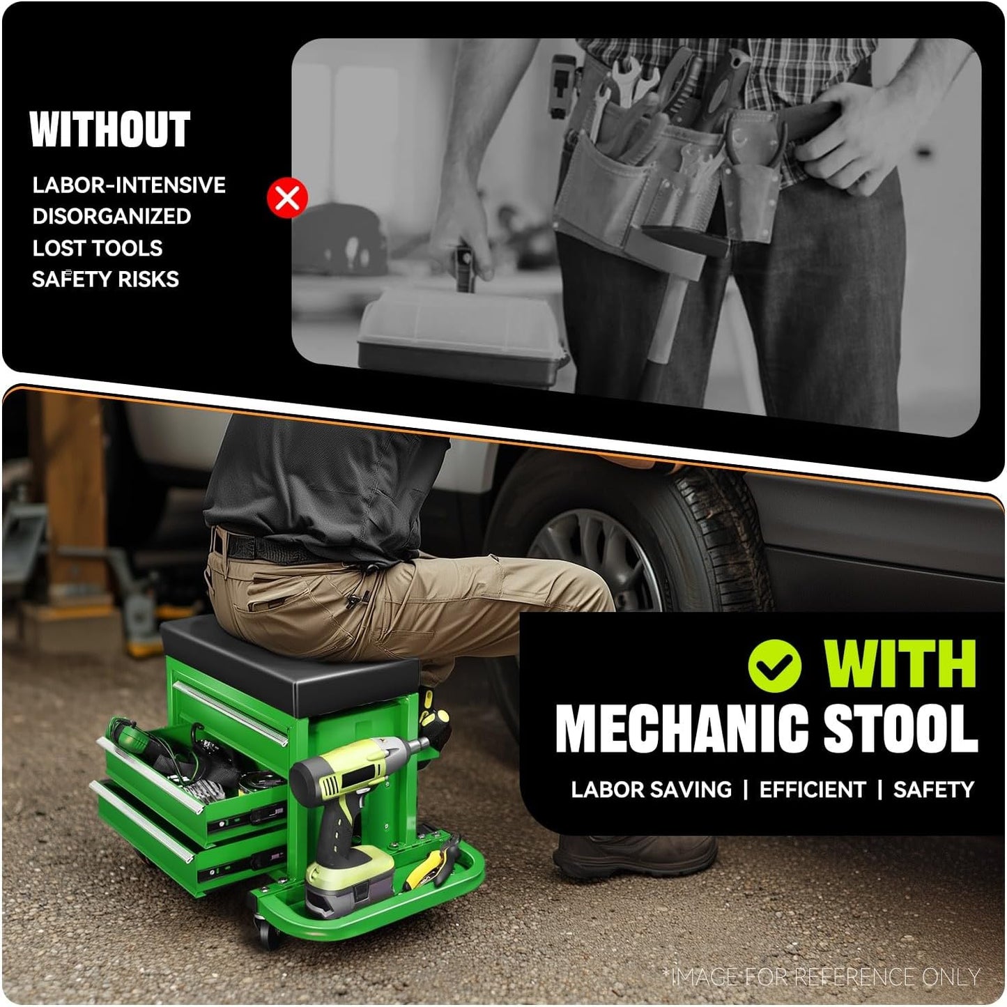 Auto Dynasty 3-Drawer Mechanic Rolling Seat, 350 LBS Capacity Roller Garage Shop Seat with Storage Tool Tray for Workshop, Repair Shop, Warehouse, Green