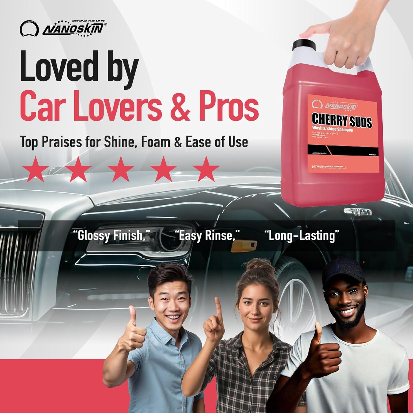 Nanoskin CHERRY SUDS Foaming Car Wash Shampoo 30 Gallons- Works with Foam Cannon, Foam Gun, Bucket Washes, Car Soap for Pressure Washer | Safe for Cars Trucks, Motorcycles, RVs & More | Cherry Scented