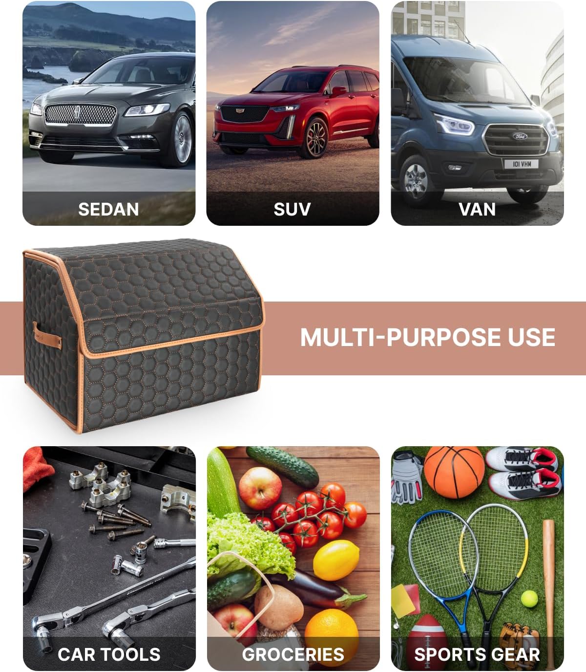 Sedan Trunk Organizer 17.7" Storage Tote For Groceries, Tools & Travel Gear - Foldable Eco-Leather Car Crate With Magnetic Lid | Stylish Presents For Drivers | Black-Brown (Hexy 17)