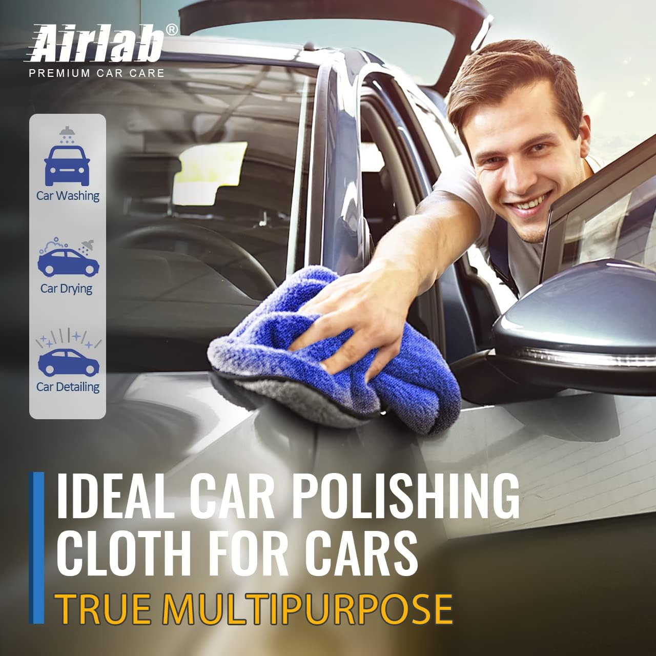 Airlab Microfiber Towels for Cars Wash Drying Thick Plush Cleaning Cloth Auto Detailing Super Absorbent for Interior & Exterior Lint Free, Streak Free, 16" X 16", 800 GSM, Pack of 4