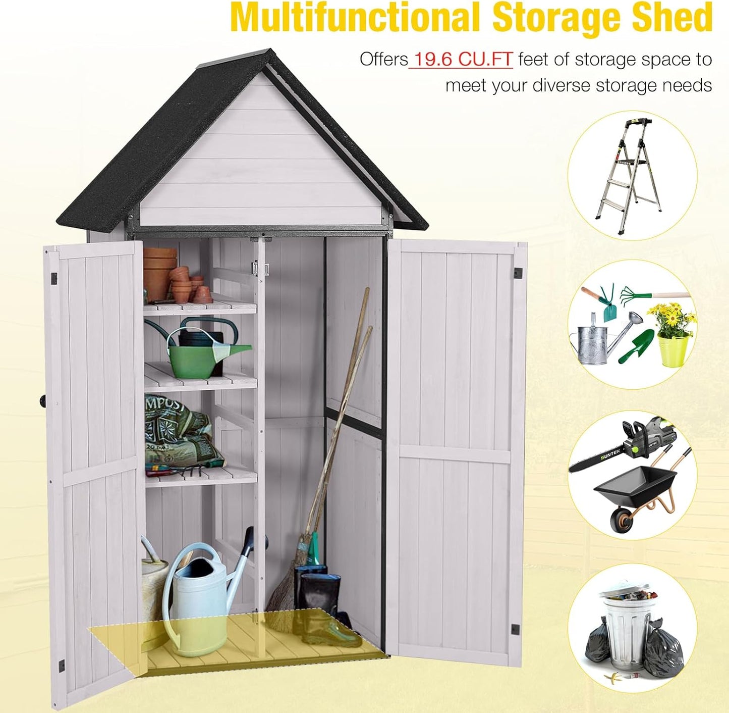 Outdoor Storage Shed,Vertical Wooden Tool Shed with Waterproof Roof,Adjustable 3 Tiers Shelves,Storage Tool Cabinet Box with Metal Frame Sloped Roof for Backyard Garden Patio Lawn (Off White)