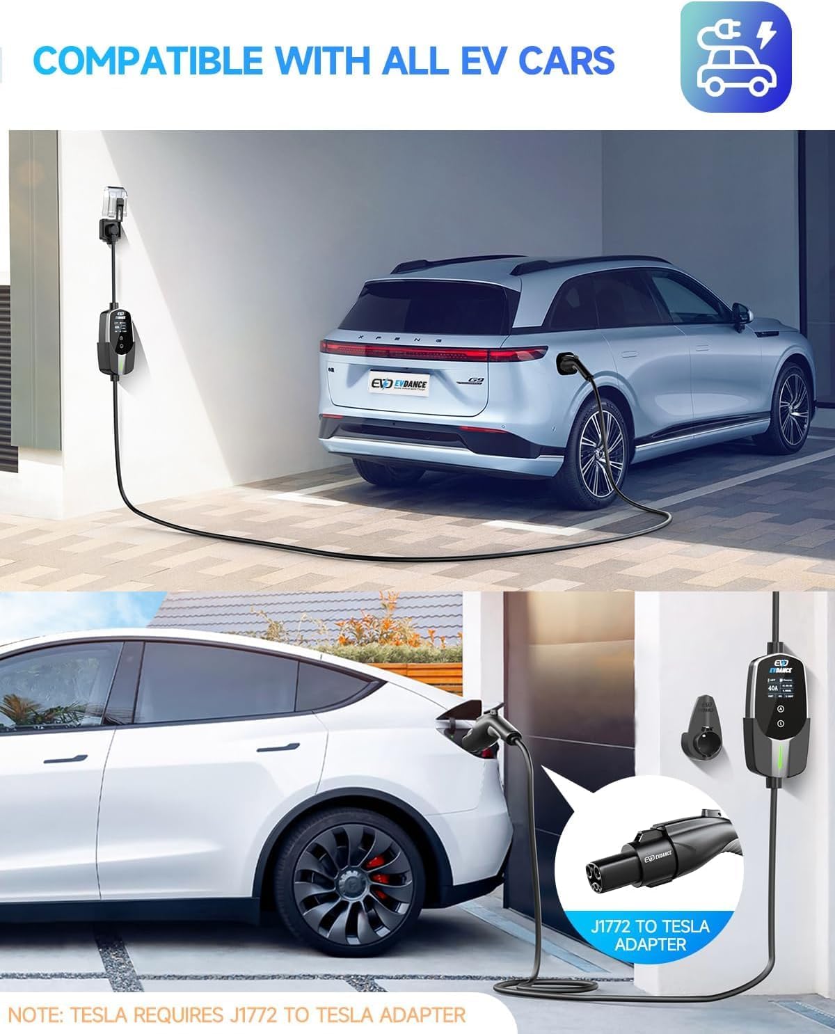 Level 2 EV Charger 40Amp, 240V 9.6KW Portable Electric Vehicle Charging Stations with NEMA 14-50P, 25FT Cable Adjustable Current/Timing Delay Home Electric Car Charger for J1772 BEVs/PHEVs