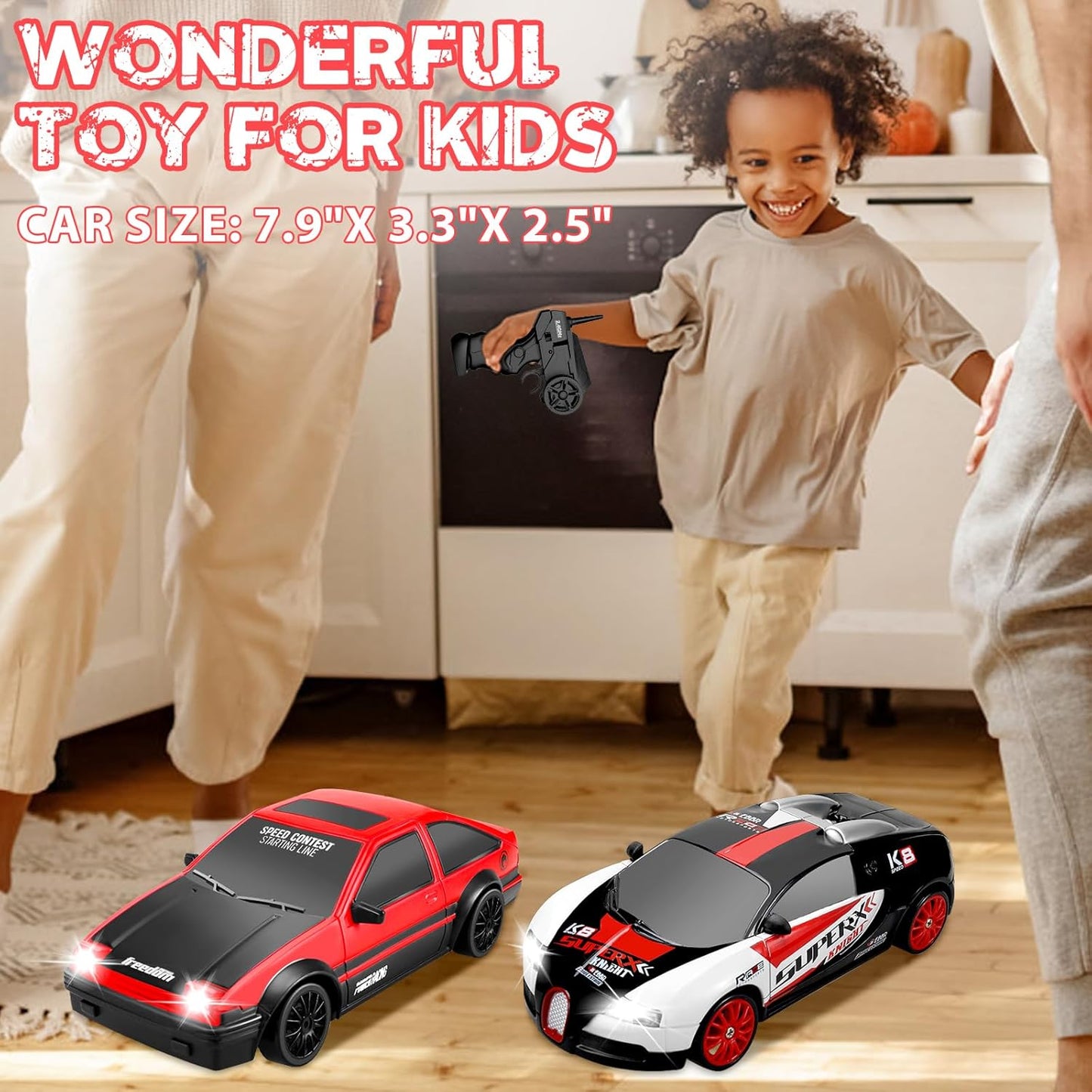 RC Drift Car 2.4GHz 1:24 Remote Control Cars 4WD 15KM/H High Speed Drifting RC Cars with Cool Lights, Two Batteries and Extra Tires Toys Car for Kids Boys Girls Adults, Black