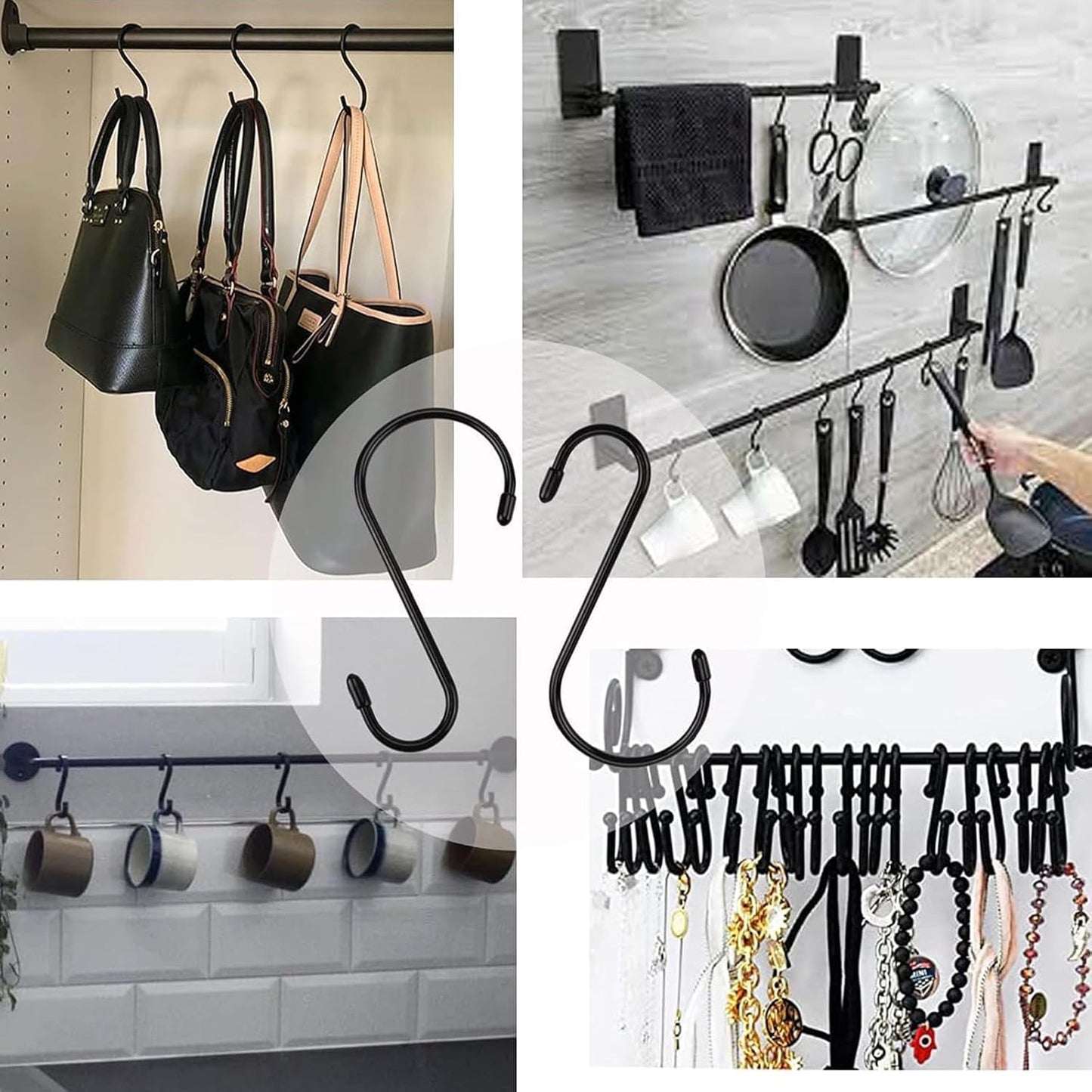 Nisoger 6 Pack 6 Inch S Hook, Large Vinyl Coated S Hooks with Rubber Stopper Non Slip Heavy Duty S Hook, Steel Metal Black Rubber Coated Closet S Hooks