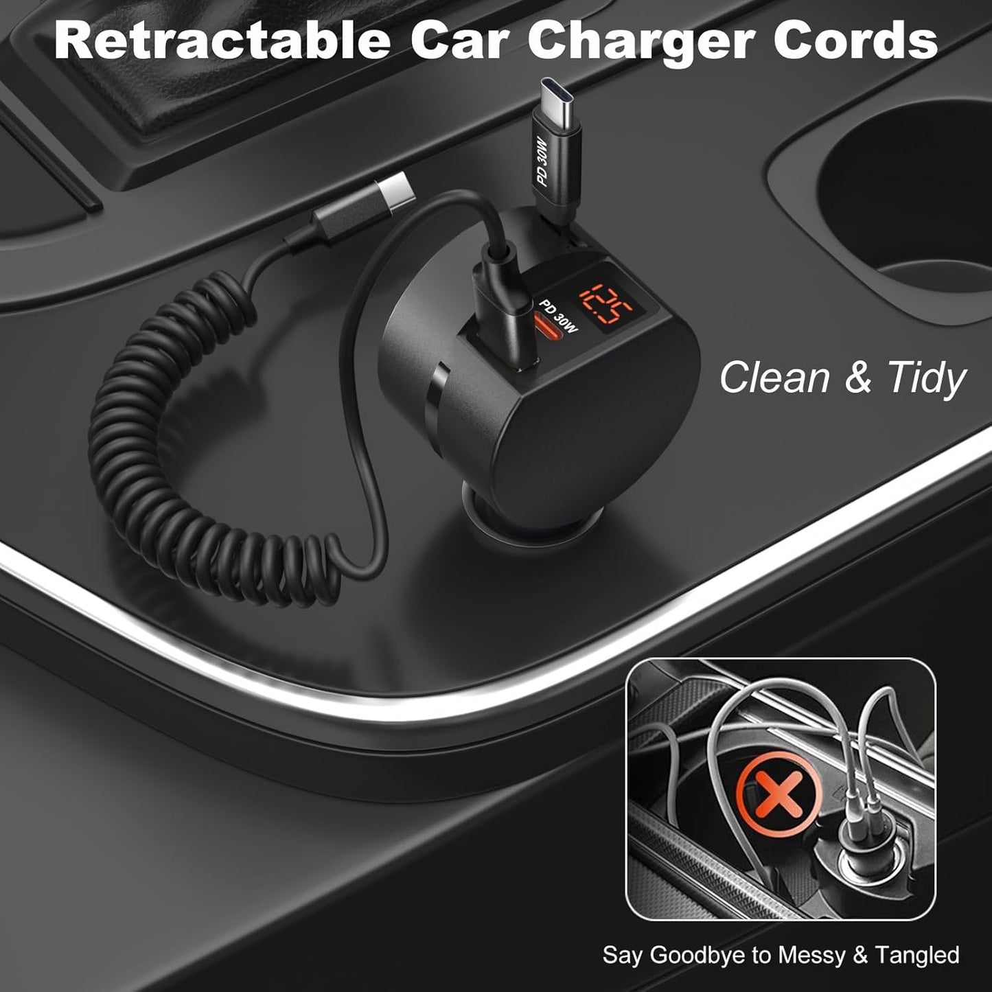 Retractable Car Charger USB C, OKRAY 78W 3-Port 12v Cigarette Lighter Adapter PD30W Fast Charging Type C Car Phone Charger & Coiled USB C Cable for iPhone 16 15 Pro, Samsung Galaxy S25 S24 A16, 2Pack