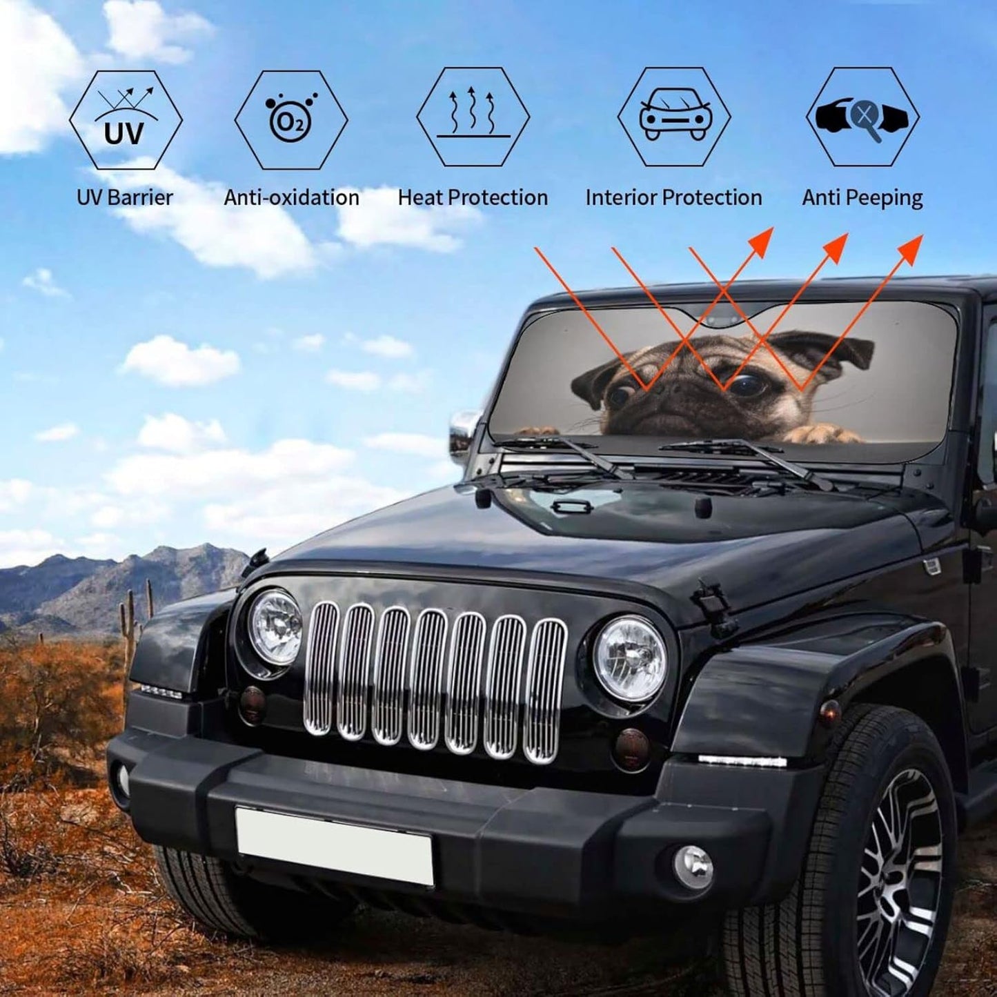 Pug Dog Car Windshield Sunshade Front Window Sun Visor Protector Foldable Shield Cover for Truck SUV