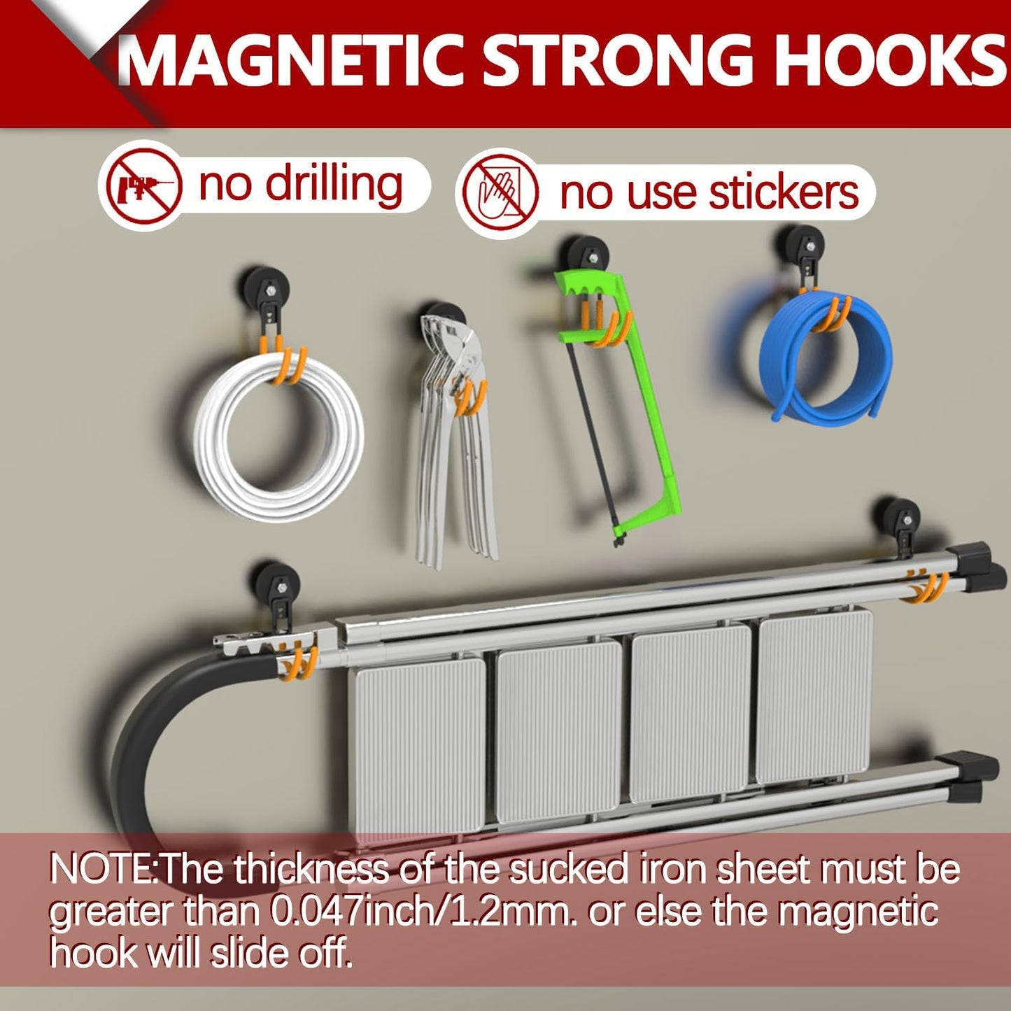 3-H Heavy Duty Magnet Garage Hooks 2 Pack, J Shape Strong Magnetic Hooks for Hanging Cordless Power Drill, Utility Magnetic Tool Holder for Metal Cabinet, Steel Pegboard, Toolbox, Garage(Orange)