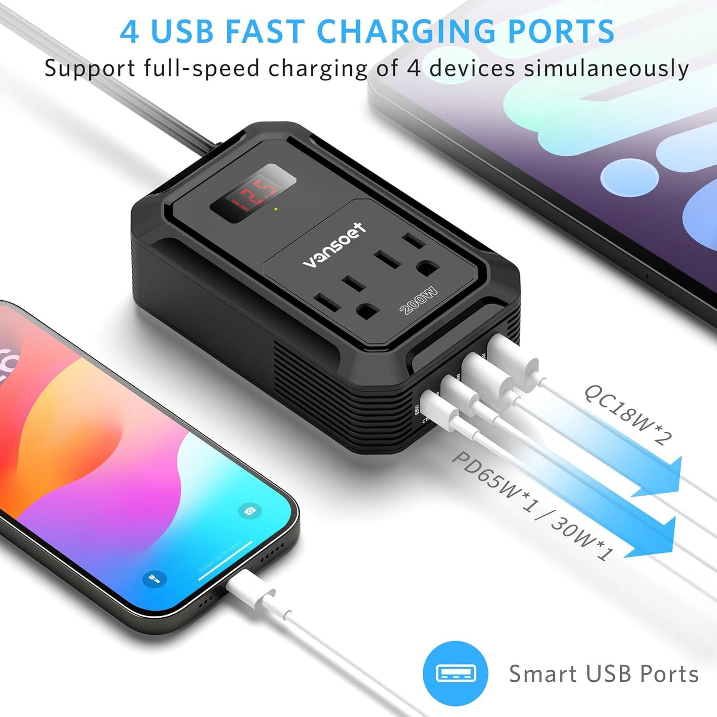 200W Car Power Inverter DC 12V to 110V AC Inverter with PD 65W/30W USB C & 2 QC 18W USB Ports & 2 AC Outlets,Car Pluɡ Adapter Outlet for Laptop/Phone/Road Trip