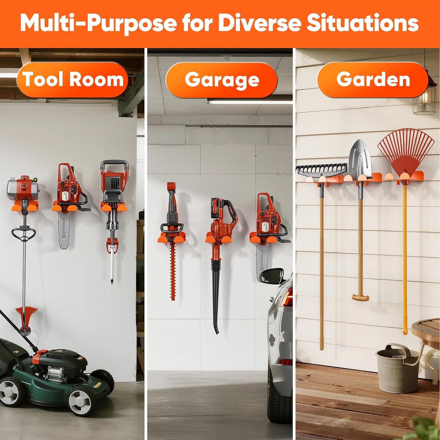 Weedeater Hanger, 2 Pack Garage Organize Grass String Trimmer Rack, Heavy Duty Metal Weed Eater Holder Wall Mount Save Space, Garden Tool Storage Rack Loads 25lbs, Weed Wacker Hooks for Garage