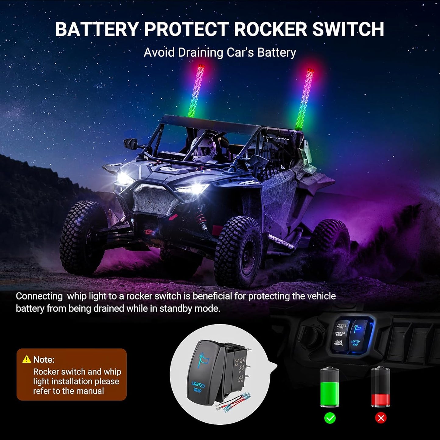 2FT Fat Whip Lights for UTV ATV with Spring Base, Led Fatty Whip Light W/Rocker Switch & 6 Flags, Brighter Spiral Chasing Lighted Antenna Whip with APP & Remote Control for RZR SXS Can-Am