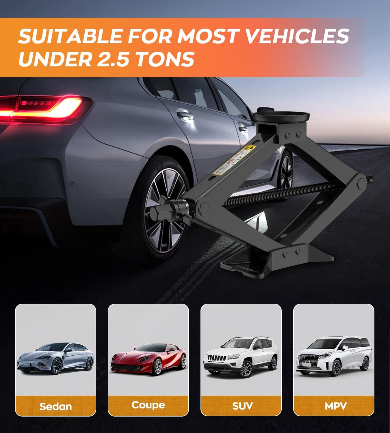 Car Jack Kit 2.5 Ton Scissor Jack with Ratchet Wrench, Tire Changing Kit Compatible with Various Circular Jack Pads