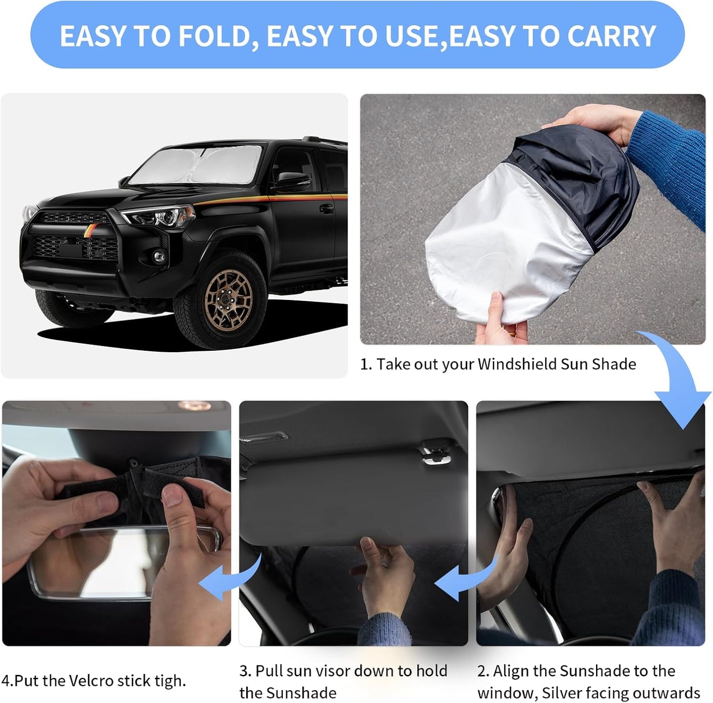 for Toyota 4Runner 2010-2024 2025 Sun Shade Sunshade Windshield Cover - 4 Layers Front Window Shade for 4-Runner Custom Fit Sun Visor - 240T Retractable Shade Blocks UV Rays Car Accessories