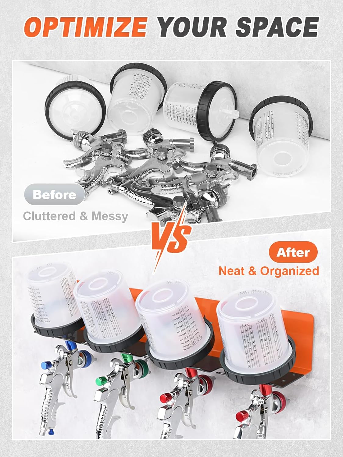 Paint Spray Gun Rack for Magnetic or Wall Mount, Holds 7 Gravity Feed Guns or 4 with Cups, Heavy-Duty Steel Paint Organizer with S-Hooks for Garage, Body Shop or Workshop, Orange