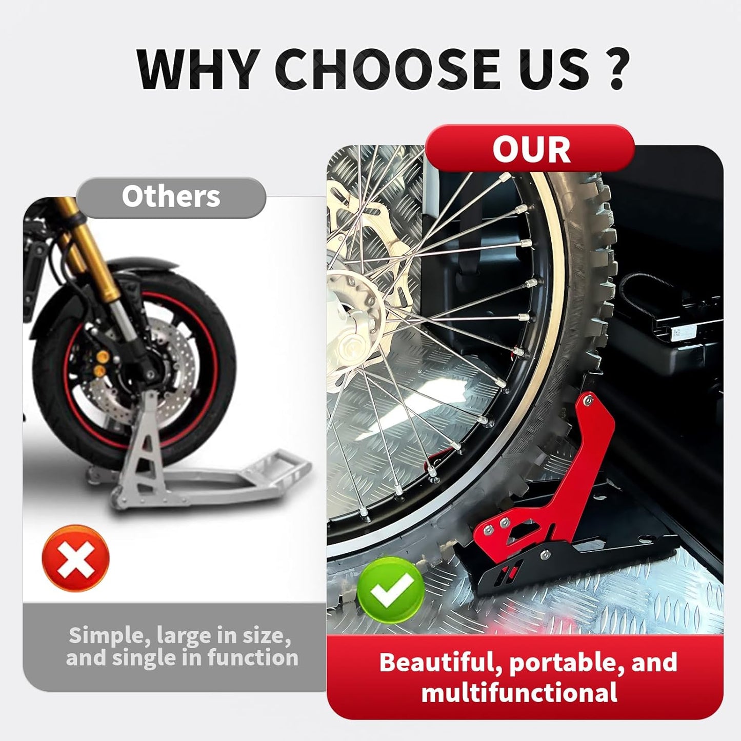 Motorcycle Wheel Chock,Special for Transportation Portable Adjustable 1800 lbs Capacity Front Tire Stand for 8"-21" Wheel Universal for Most Crusier Sports Dirt Bikes Trailer Truck-Red