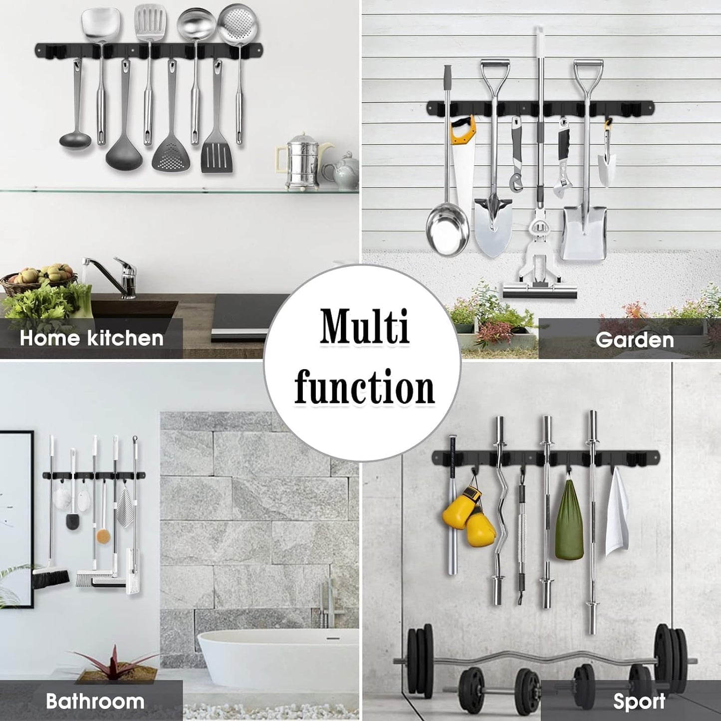 Black 5 Racks and 4 Hooks Mop and Broom Holder Wall Mount, Broom Organizer Storage Tool Racks Stainless Steel Heavy Duty Hooks Self Adhesive Solid Non-slip for Home Kitchen Garden Laundry Garage