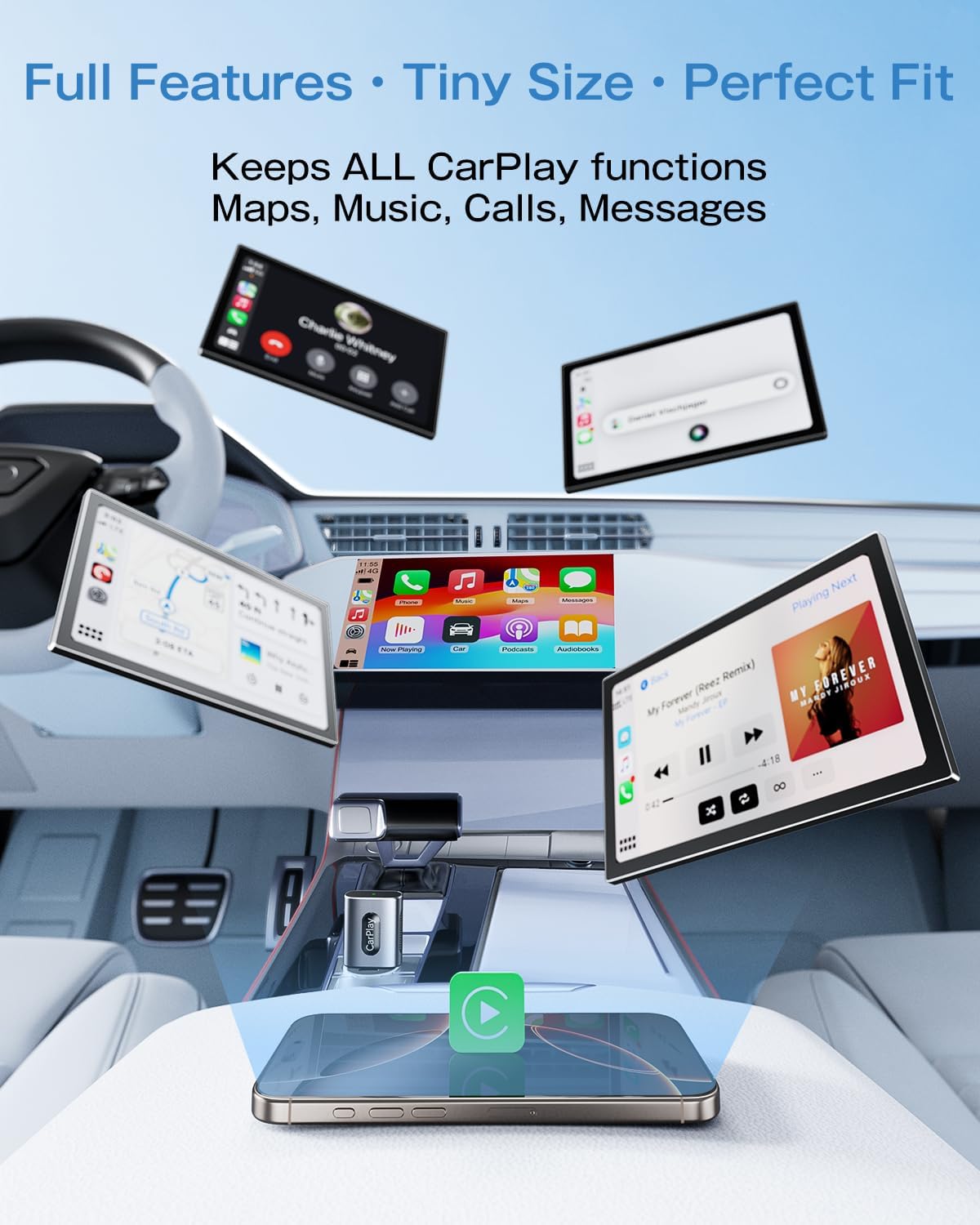 Wireless CarPlay Adapter for iPhone, 3X Faster Auto-Connect, No Lag, Plug & Play with Bluetooth 4 & WiFi 6, Mini Dongle, Includes USB & USB-C Extension Cable, Stable Wireless Conversion
