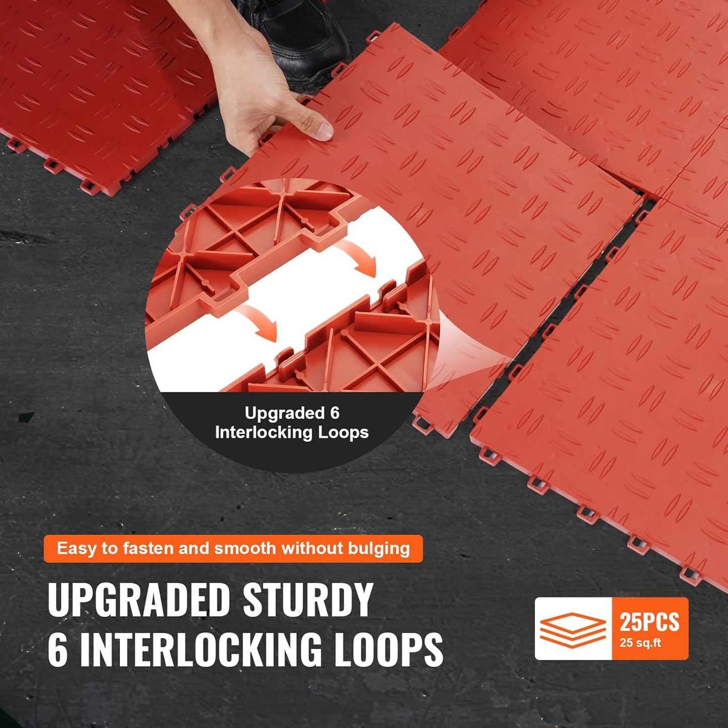 VEVOR Interlocking Floor Covering Tiles, 12 x 12 x 0.53 inch, 25 Pack, Non-Slip Double-Sided Texture, for Garages, Basements, Repair Shops, Red