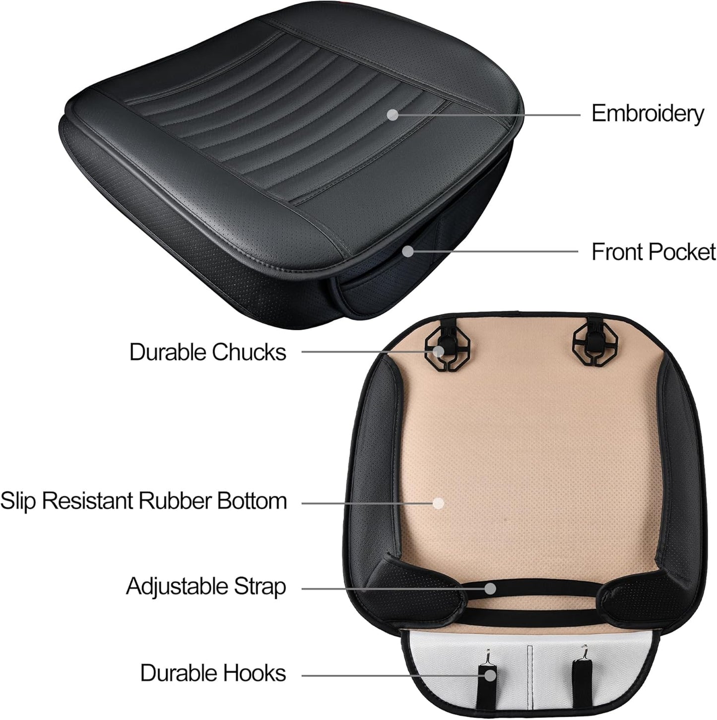 2pc Edge Wrapping Comfortable Car Front Seat Covers, Seat Protectors, Anti-Slip Bottom Seat Cushion Covers for Auto with PU Leather(Black)