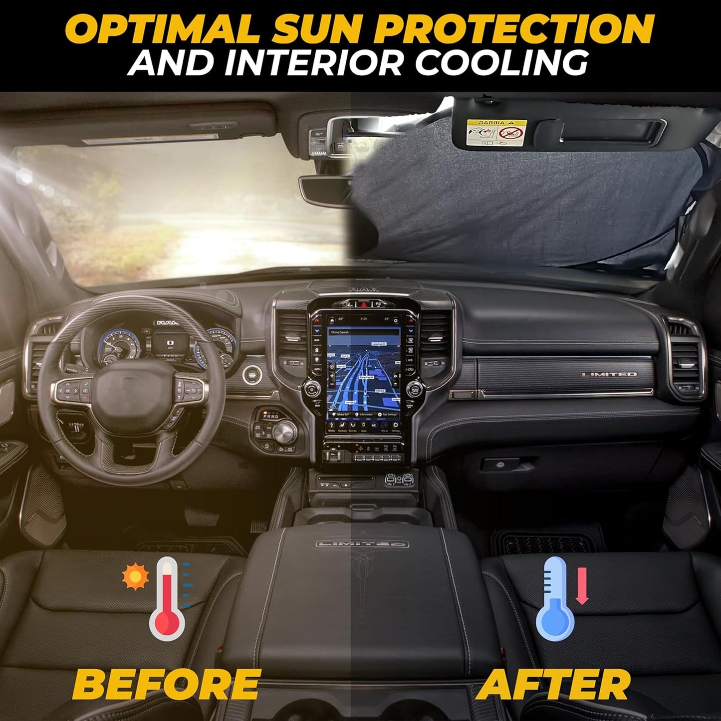 X-Large Truck Windshield Sun Shade (69" x 35") - 240T Thickened Windshield Sun Shade for UV & 99% Heat Blocker - Keeps Your Vehicle Cool and Truck Interior Cooling Accessory for Summer Protection