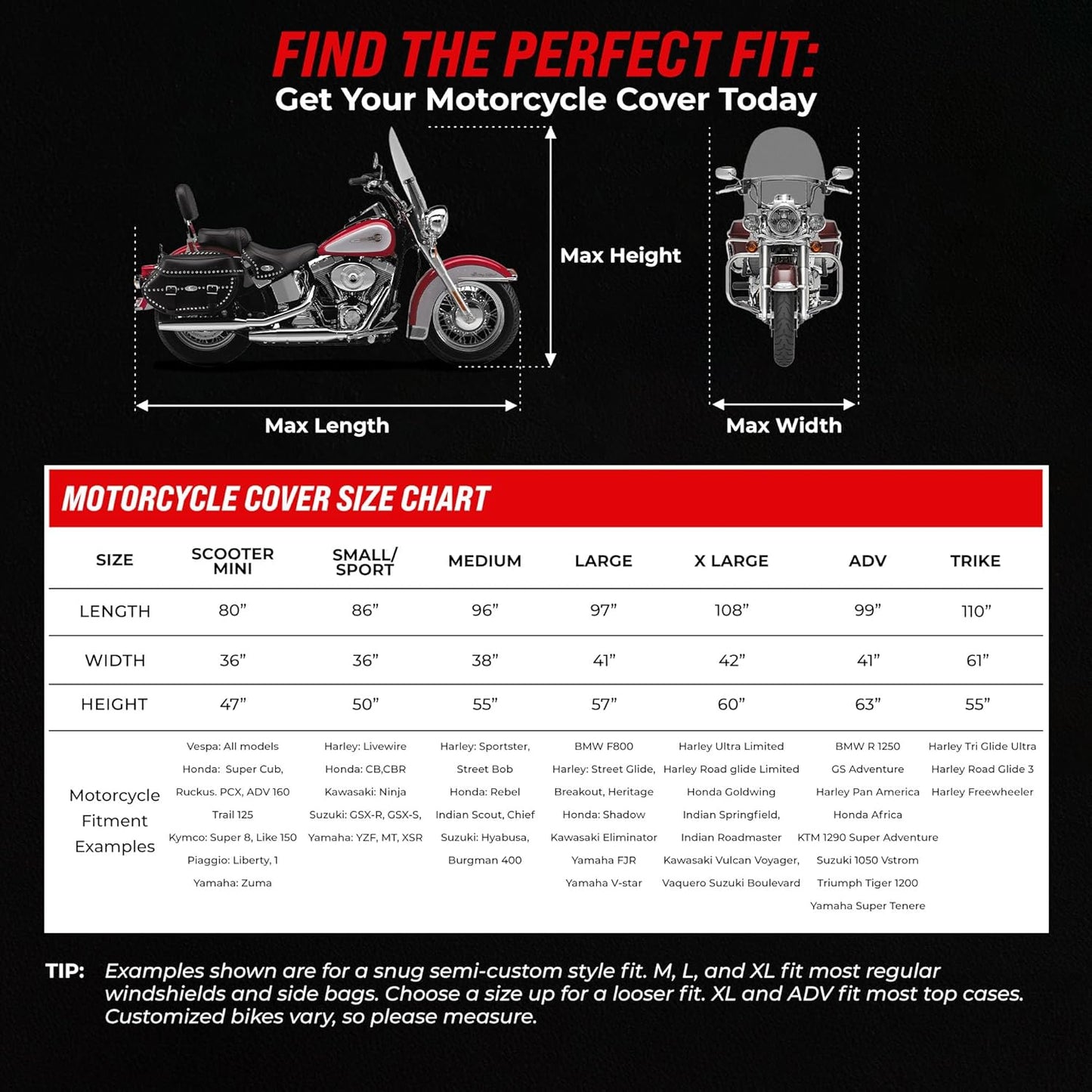 Badass Moto Ultimate Motorcycle Cover Waterproof Outdoor Heavy Duty Durable All Season Storage Harsh Weather Sun Rain Cover fits Harley Davidson Street Glide, Vulcan, Shadow, Cruiser Bikes. Large 97L