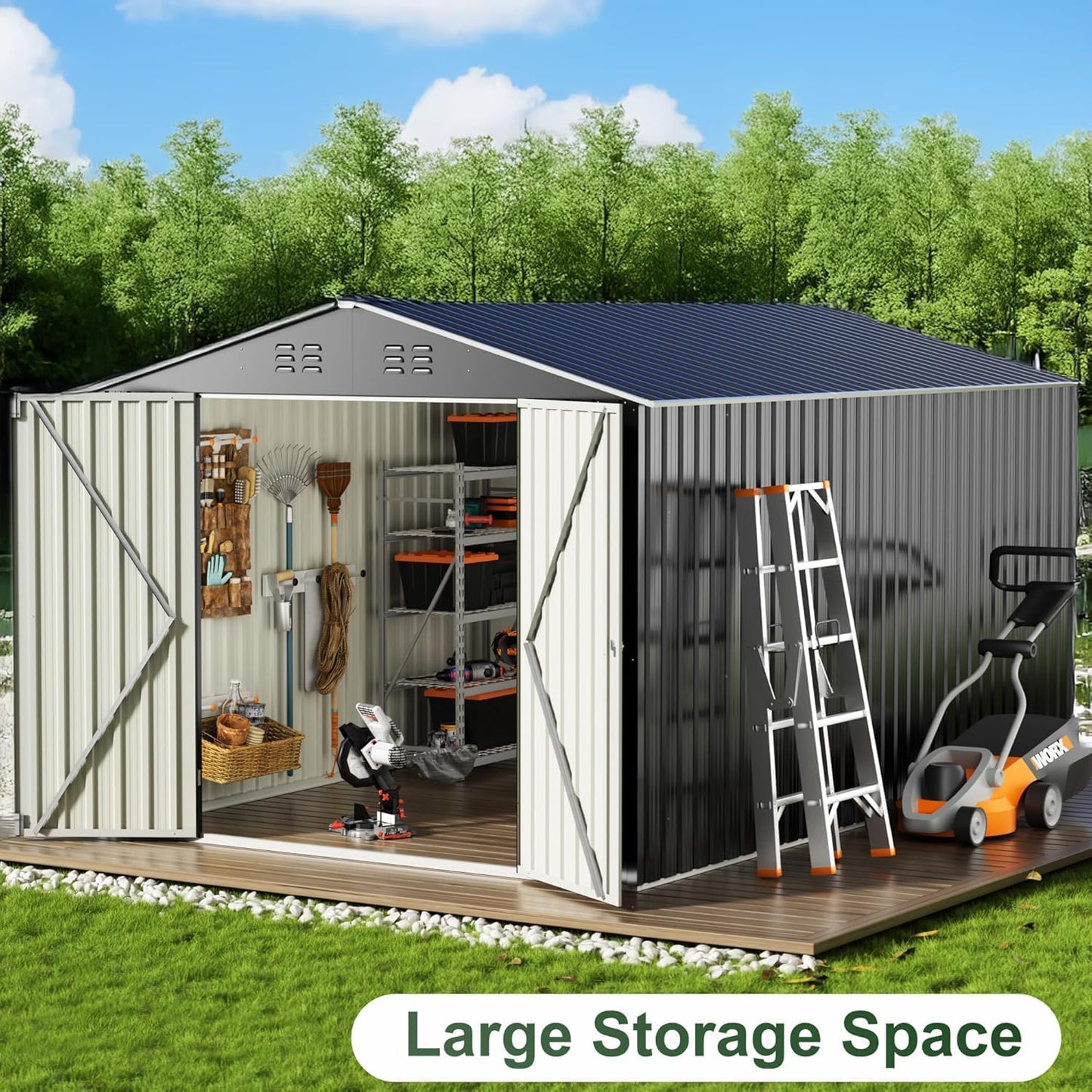 WKM 8X12 FT Outdoor Storage Shed, Utility Metal Tool Storage with Lockable Doors and Updated Frame Structure, Metal Garden Shed for Backyard, Patio Lawn, Black