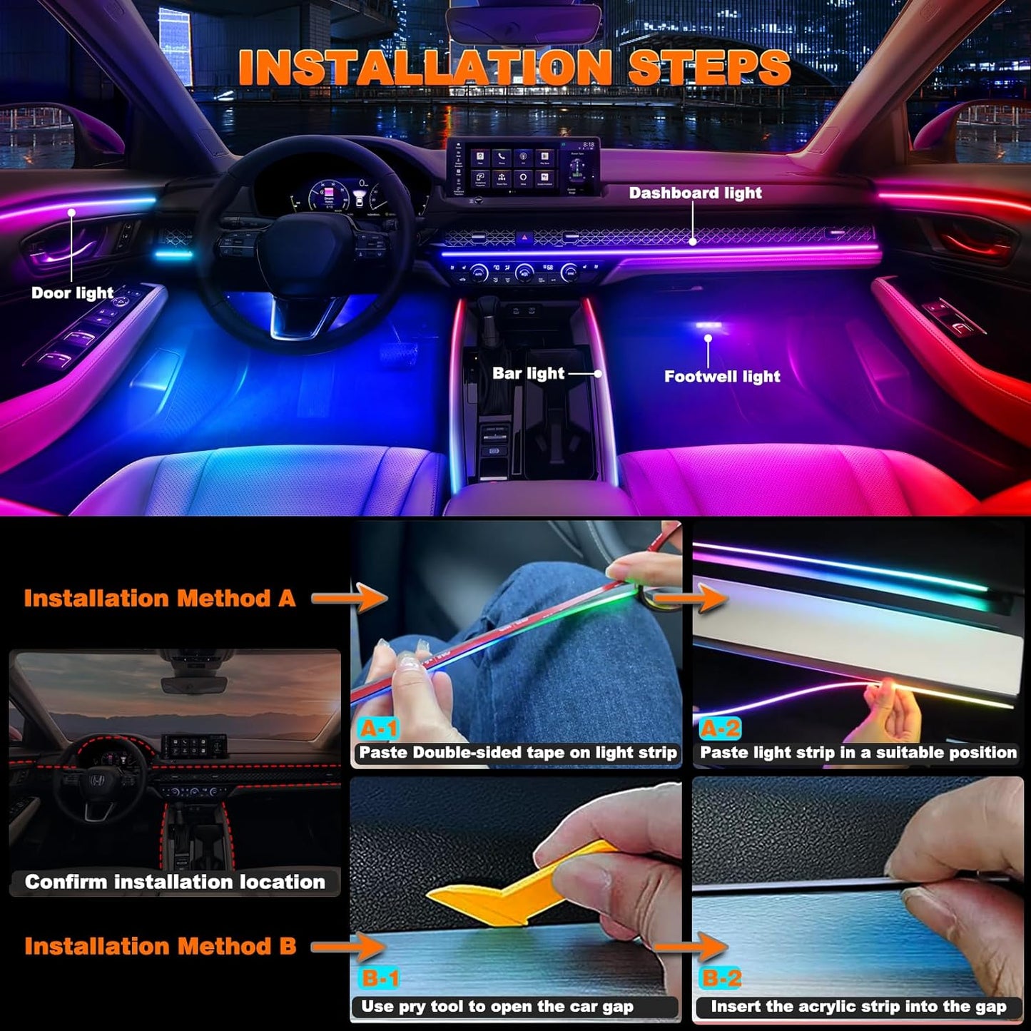 Interior Car LED Strip Lights, Acrylic LED Lights for Car with Dynamic Dreamcolor Chasing, Ambient Lighting Kits Music Sync Wireless APP and RF Remote Control (2 * 29.5'')