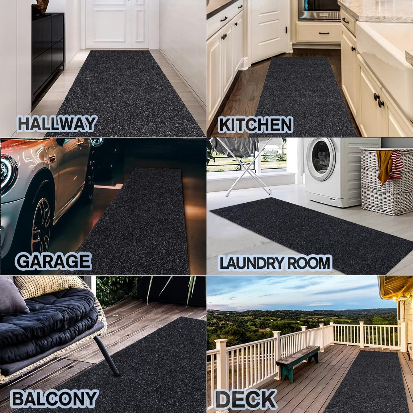 Custom Size Backed Non-Slip Area Rugs Runner, Easy Clean, Waterproof Runner Rugs for Hallway Entryway, Kitchen, Laundry, 2FT x 63FT, Black