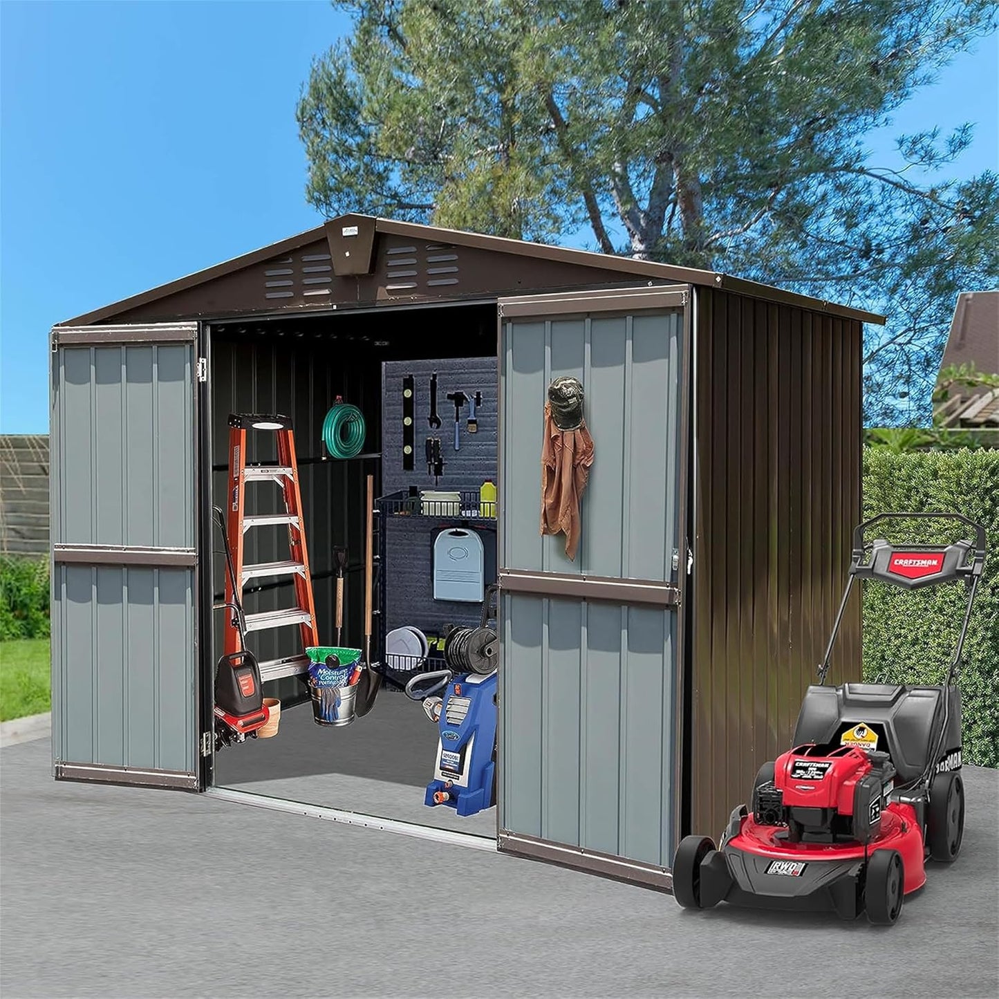IKERY Metal Storage Shed - 8.2' x 6.2' with Double Lockable Doors and Air Vents, Utility Tool Shed for Backyard, Patio and Garden, Brown