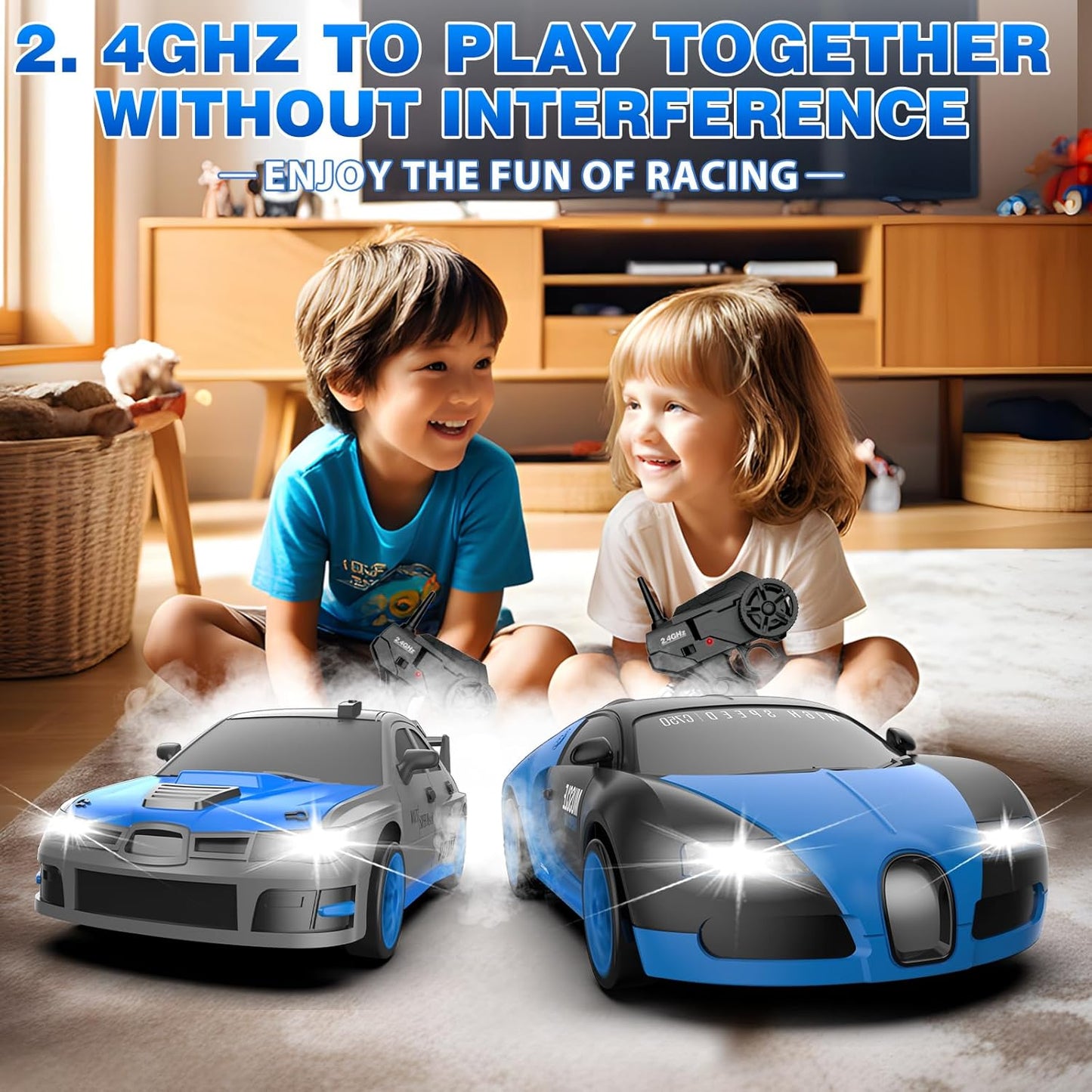 RC Drift Car, 1:24 4WD Drifting RC Cars 2.4GHz High Speed Remote Control Car with LED Light, Two Batteries and Drift Tires Racing Toy Cars for Kids Boys Girls Adults, Blue