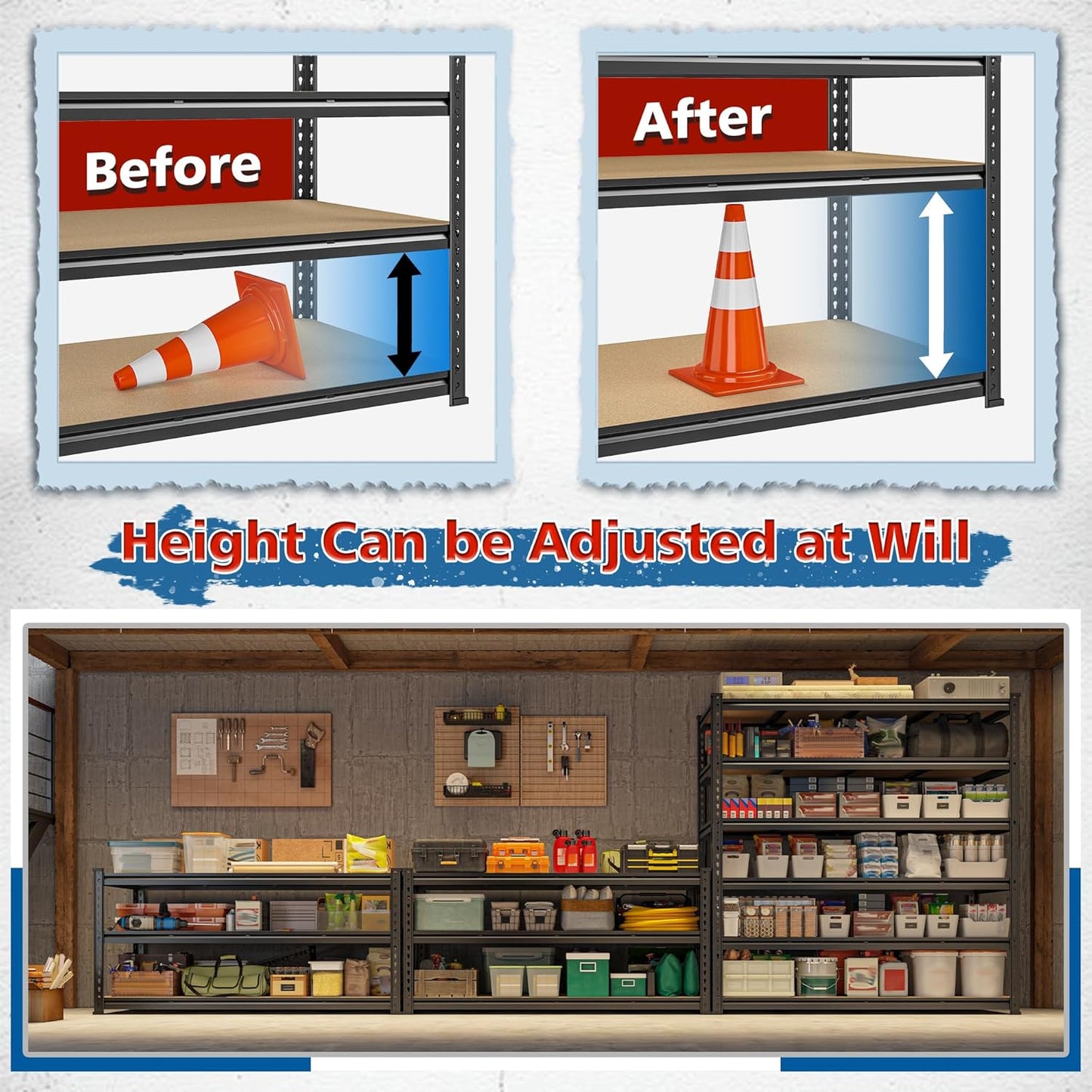 55" W Storage Shelves, 3060LBS Garage Shelving Heavy Duty, 6-Tier Heavy Duty Shelving, Adjustable Metal Shelving Unit for Garage, Warehouse, Pantry, Kitchen, 55" W × 24" D × 84" H, Black