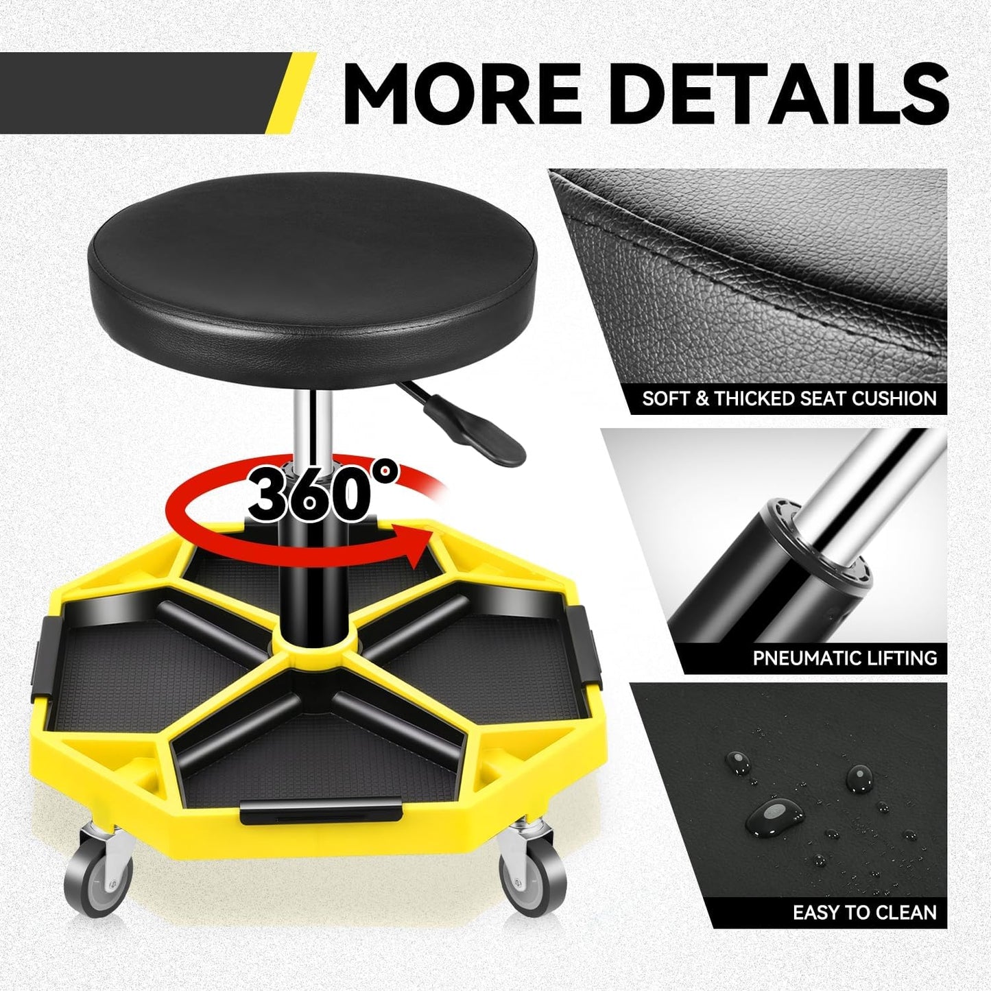 Auto Dynasty Mechanic Stool, Adjustable Rolling Pneumatic Creeper Garage Shop Seat with Tool Tray, 300 LBS Roller Seat for Workshop Auto Repair, Adjustable Height 15.7" to 21", Yellow