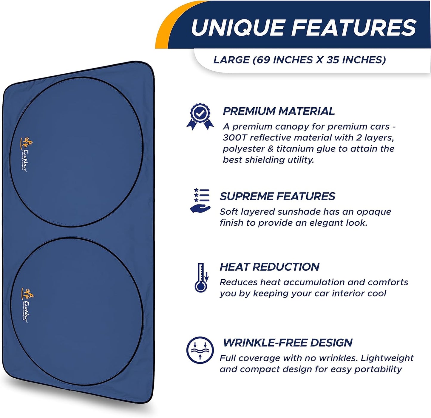 EcoNour Windshield Sun Shade| 300T Sun Shade for Truck| Foldable Truck Window Shade Blocks UV Rays & Sun Protects Interior Car Accessories| Universal Fits for Blue | X-Large (69" x 35")