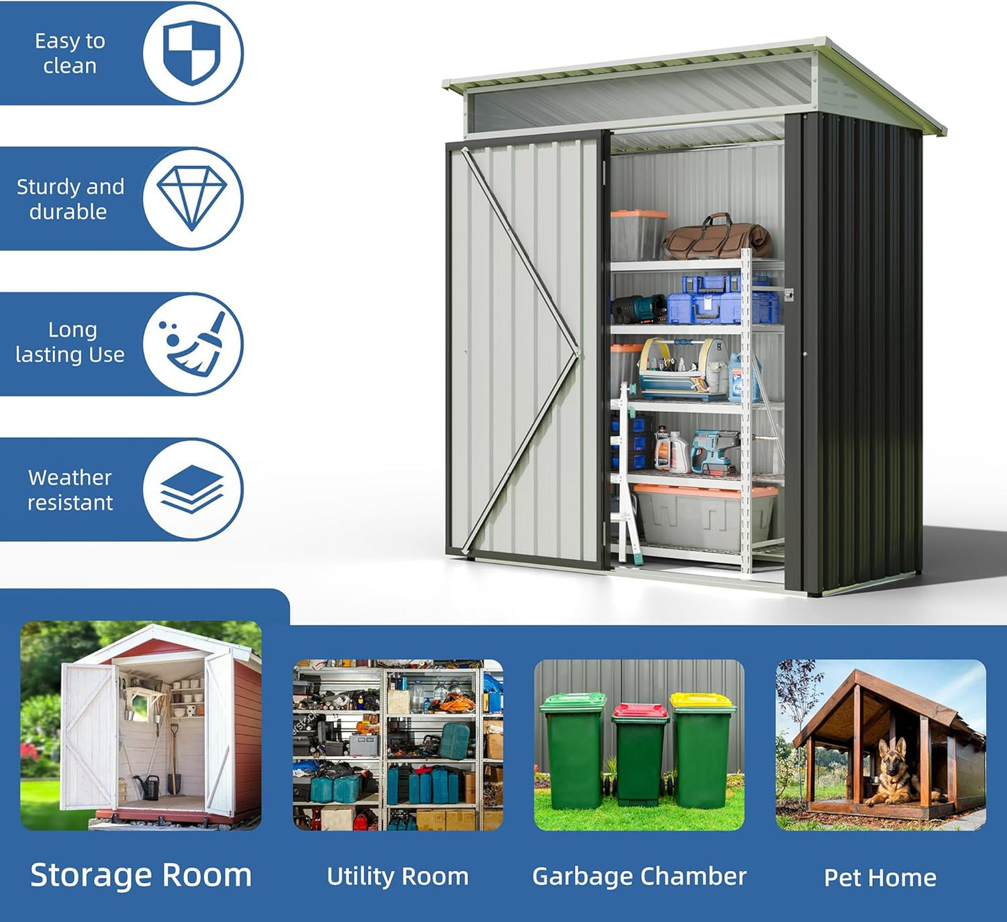 JYQAQA 5x3 FT Outdoor Garden Storage Shed, Waterproof Metal Garden Sheds with Window and Lockable Double Door, Weather Resistant Steel Tool Storage House Shed for Patio, Lawn Dark Gray