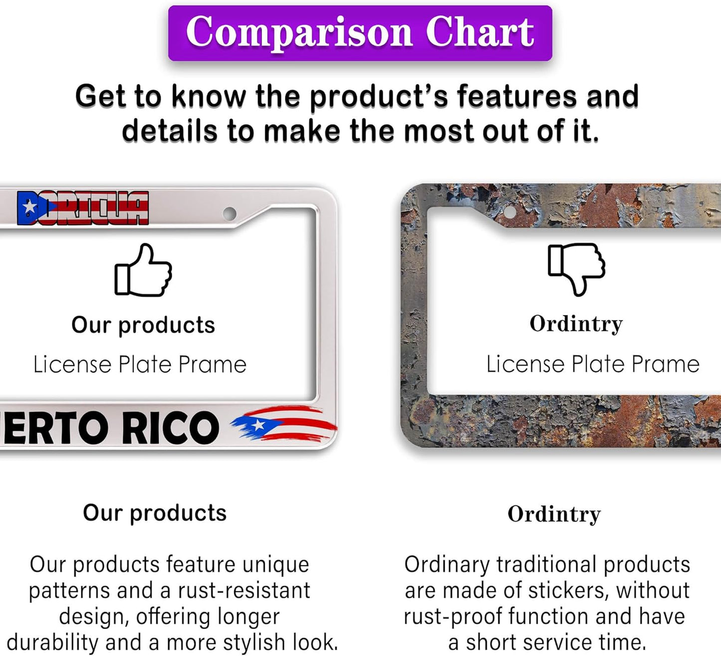 License Plate Holder for Women Multicolor License Plate Frames for Men Boricua Puerto Rico Aluminum Metal Car Accessory 2 Pack with Screw Covers Set