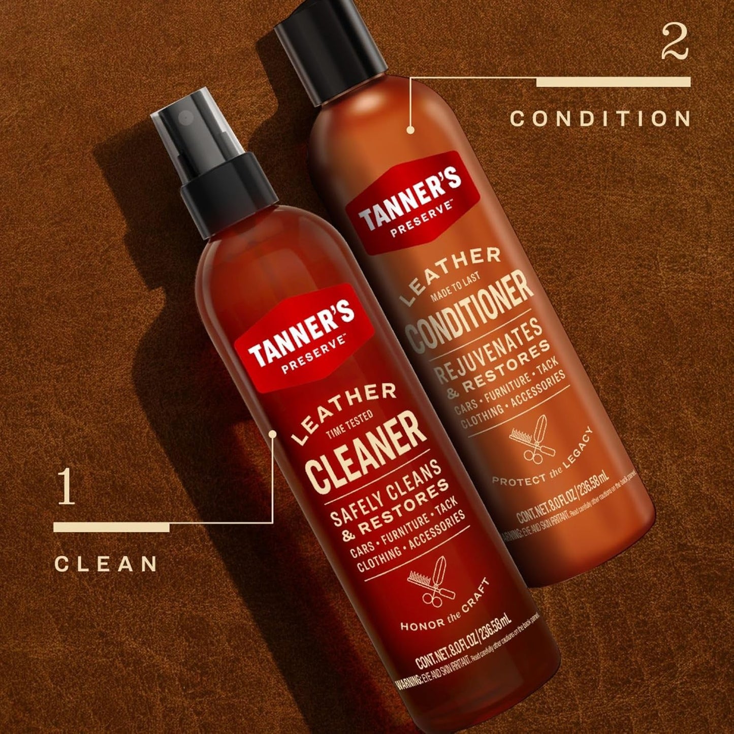Tanner's Preserve Leather Cleaner & Conditioner Duo Pack, Cleans, Rejuvinates & Restores Finished Leather, Use for Cars, Furniture & More, 2X 8 Fl Oz
