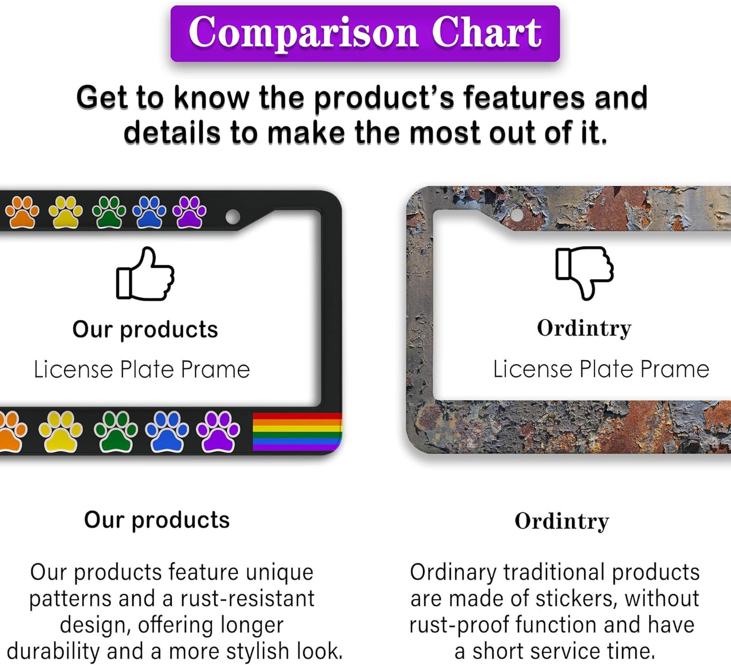 License Plate Frames for Women Multicolor License Plate Holder for Men Gay Rainbow Paw Universal Aluminum Car Accessory 2 Pack with Screw Covers Set