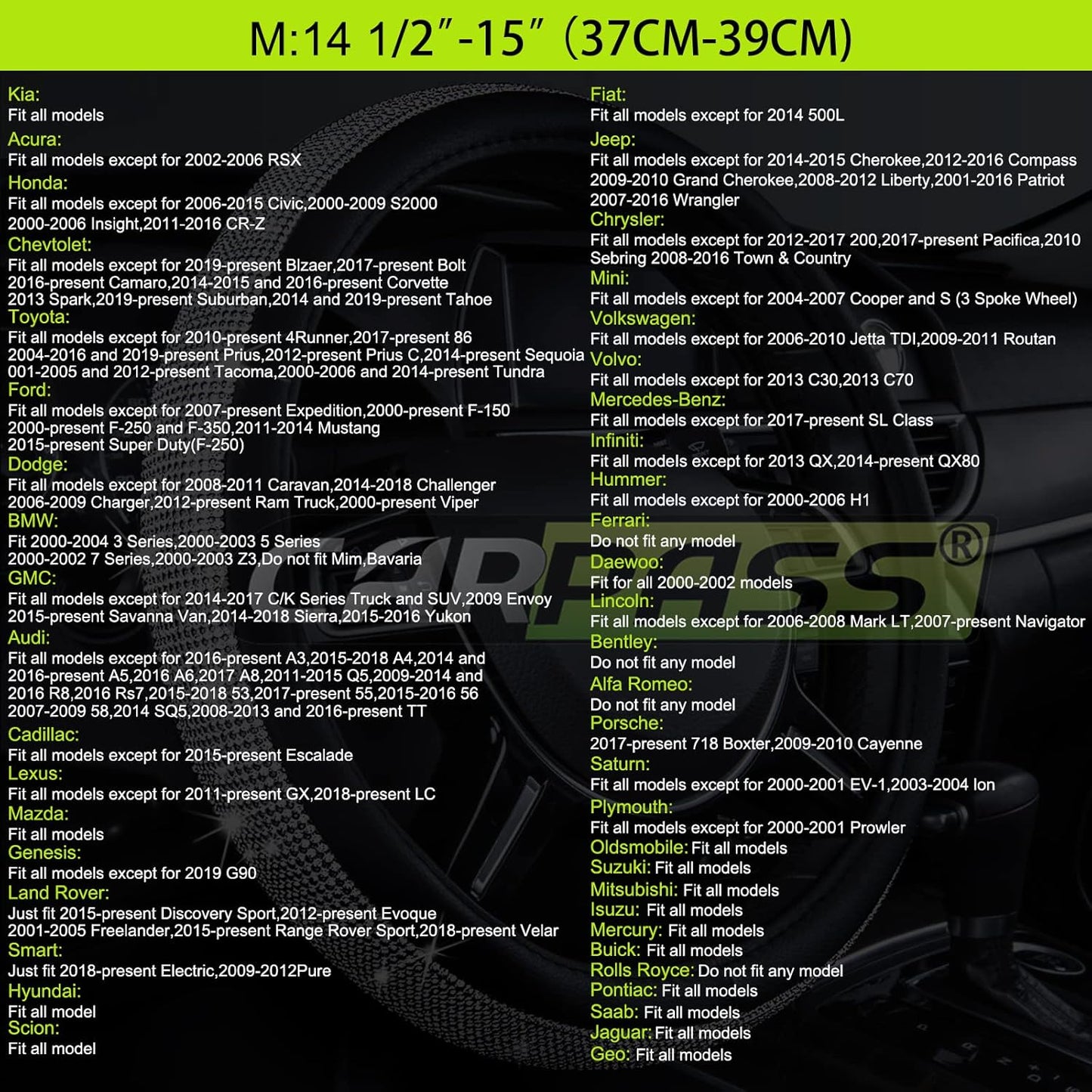 Car Pass Classical Leather Automotive Universal Steering Wheel Covers,Universal Fit for Suvs,Trucks,Sedans,Cars,Vans,14.5-15inch Anti-Slip Safety Comfortable Desgin(Black)