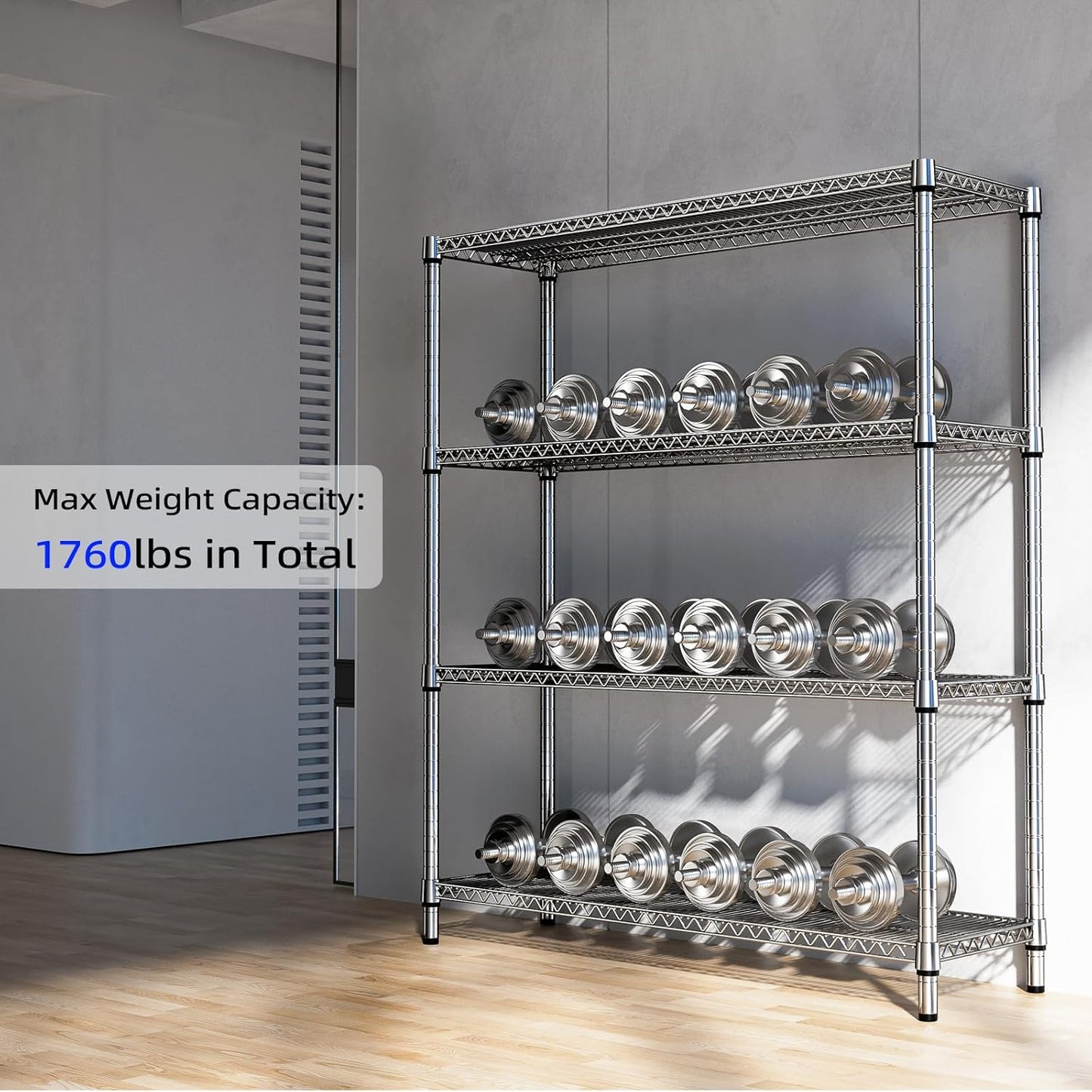 1760 LBs 4 Tier Storage Rack Metal Wire Shelving Unit, Storage Standing Shelf Organizer for Laundry Bathroom Kitchen Pantry Garage Utility Room, Chrome 17.7" D x 59.1" W x 70.4" H