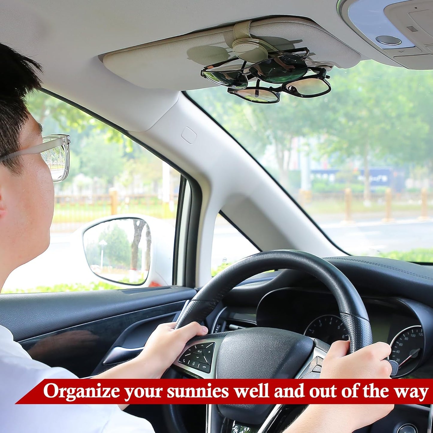 KIWEN Sunglasses Holder for Car Visor, Magnetic Leather Sunglass Eyeglass Hanger Clip for Car Sun Visor Accessories (1, Beige)