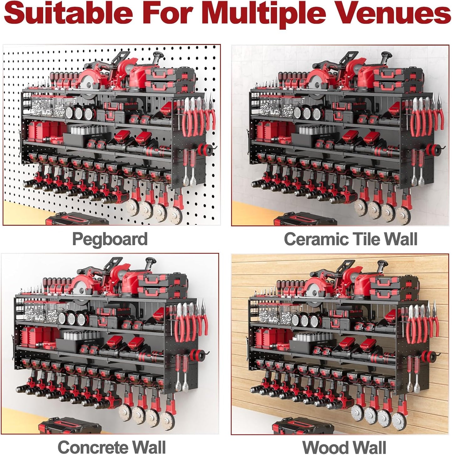 52" W Large Power Tool Organizer Wall Mount -12 Drill Holder for Garage,4 Layer Heavy Duty Power Tool Rack,Tool Organizer Storage for Workshop Garage Basement,Gifts for Men Dad Husband