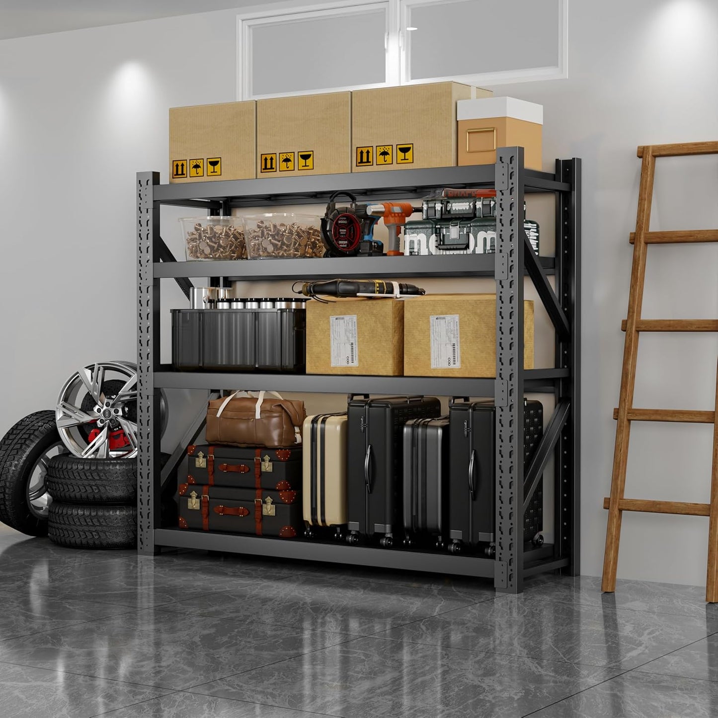 3000LBS Heavy Duty Storage Shelves,63''H Metal Garage Shelving, 4-Tier Adjustable Garage Organization Shelving Units, Industrial Shelving for Warehouse,Workshop- Classic Black