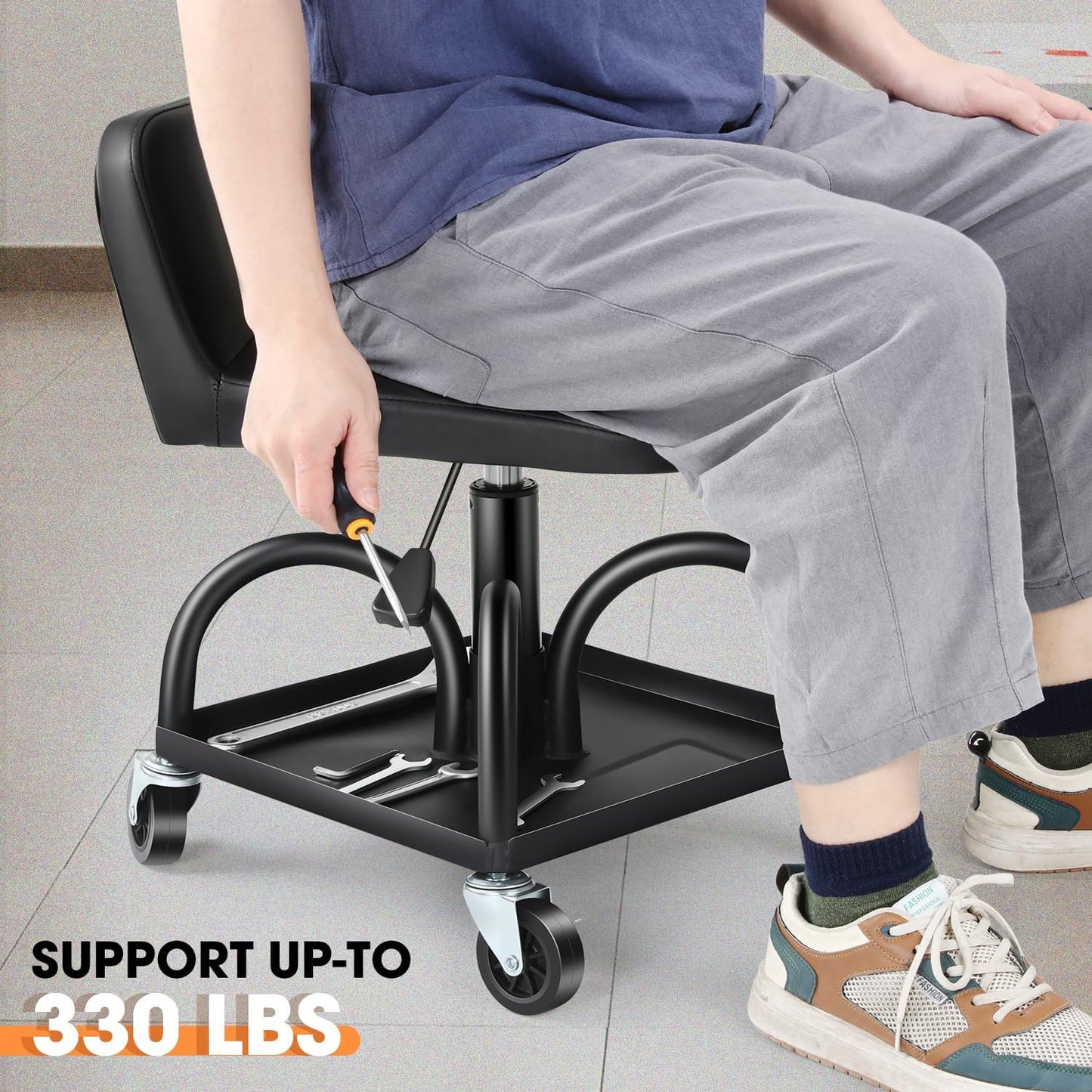 DNA MOTORING Rolling Padded Seat Adjustable Height Seat 330lbs Capacity Rolling Mechanic Creeper Stool, W/Tool Storage Drawer & Tray, Black, TOOLS-00600