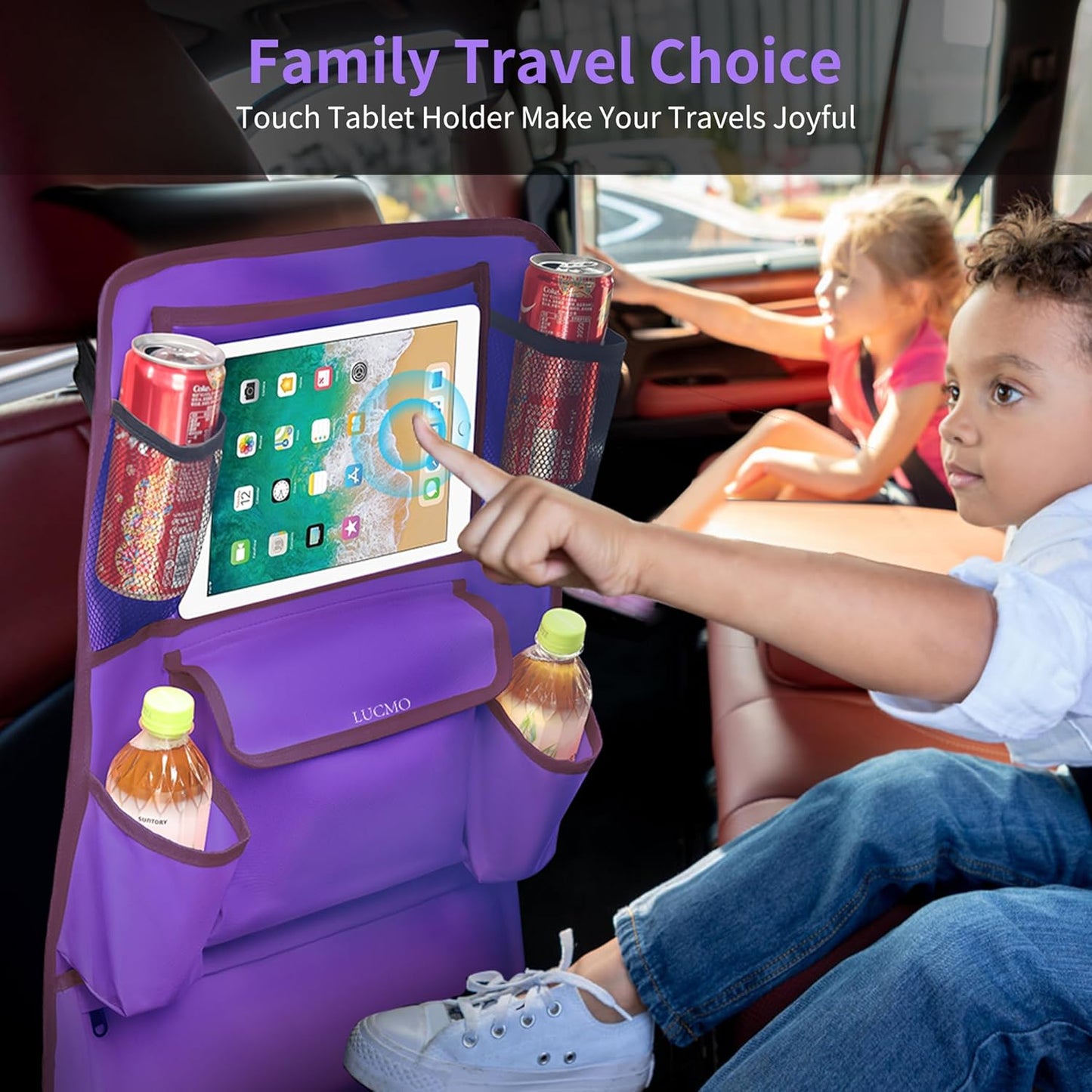 LUCMO Car Backseat Organizer with Touch Screen Tablet Holder,9 Storage Pockets Car Storage Organizer,Protectors Kick Mats Travel Accessories for Kids-Dark Purple