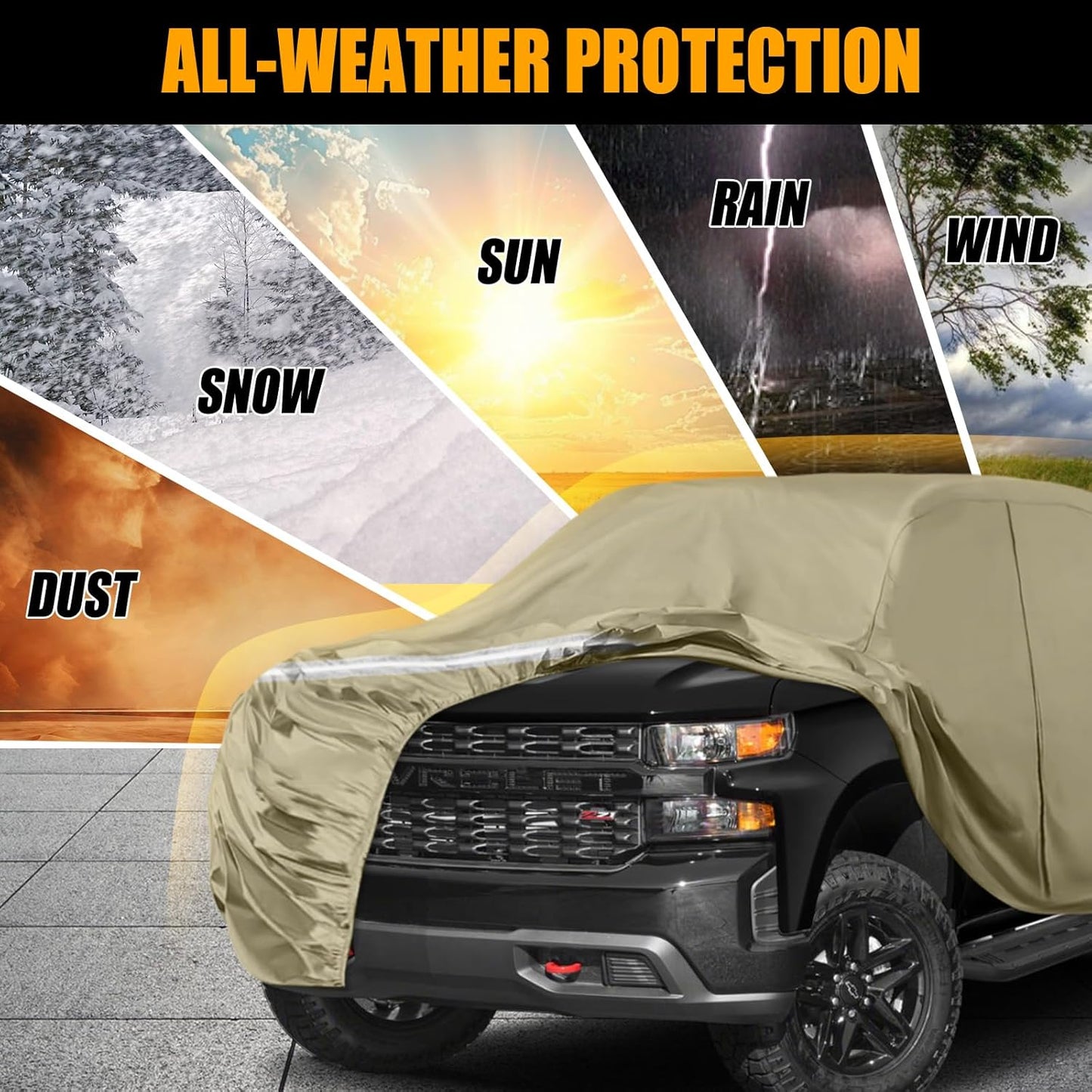 Waterproof Truck Covers Replace for Ford F150 / Dodge Ram 1500 CrewCab 6.5 ft, Multilayer Heavy Duty with Cotton Liner Truck Cover with Zipper Door, Windproof Bands for Snow Rain Dust Protection