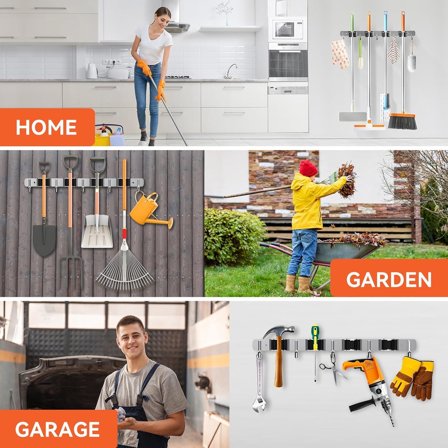 ZONGOOL 4 Racks and 5 Hooks Broom Holder Wall Mount Mop Hanger Wall Mounted Mop and Broom Storage Tool Rack Stainless Steel Garage Organization Garden Kitchen Home Laundry Organizer (Silver)