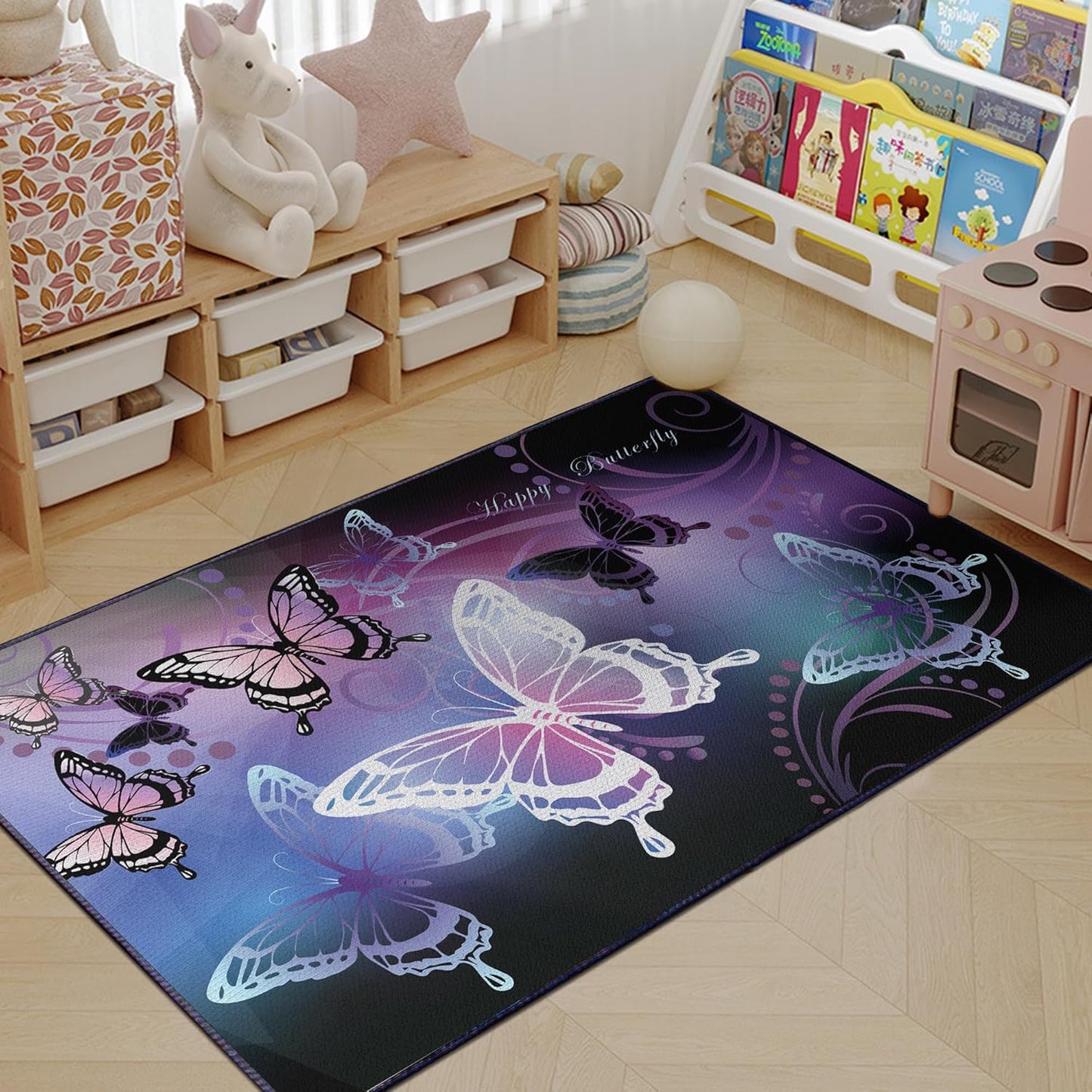 Beautiful Butterfly Fantasy Rug for Playroom Girls Bedroom Colorful Rainbow Butterfly Decor Area Carpet 3x4 Purple Mat 3D Printed Non-Slip Washable