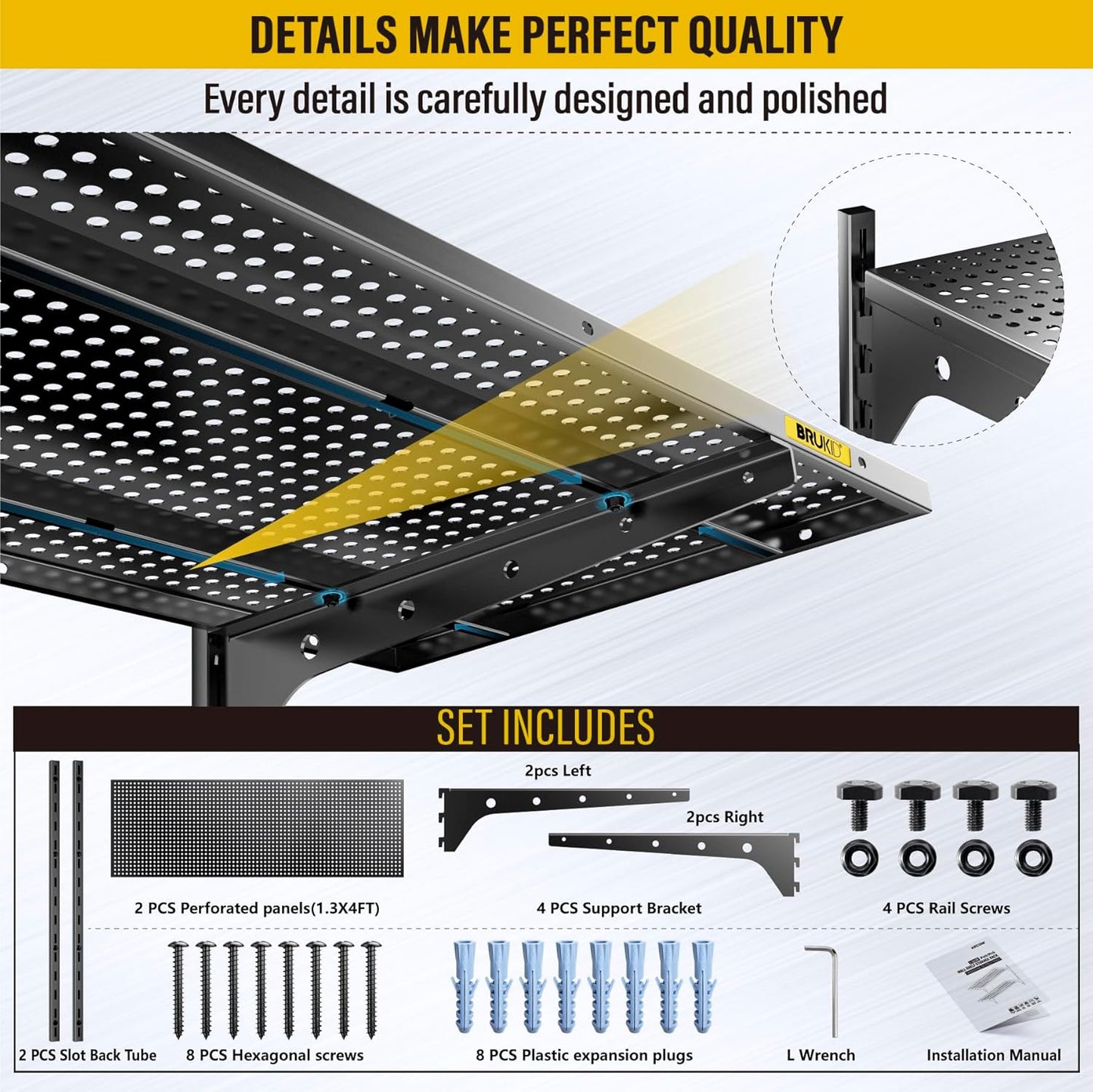 2 Tier 1.3x4ft Garage Shelving Wall Mounted, 400 lbs Load Capacity,15.6x48inch per Shelf Height Cassette Adjustable Floating Shelves(Black)