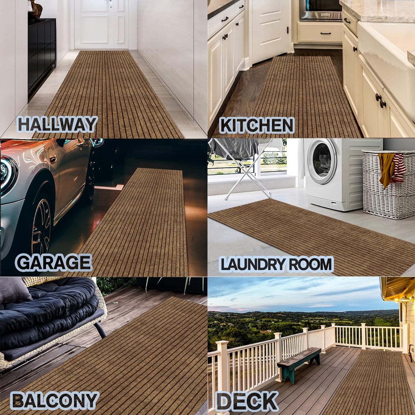 Custom Size Backed Non-Slip Area Rugs Runner, Easy Clean, Waterproof Runner Rugs for Hallway Entryway, Kitchen, Laundry, 3FT x 17FT, Brown Stripe