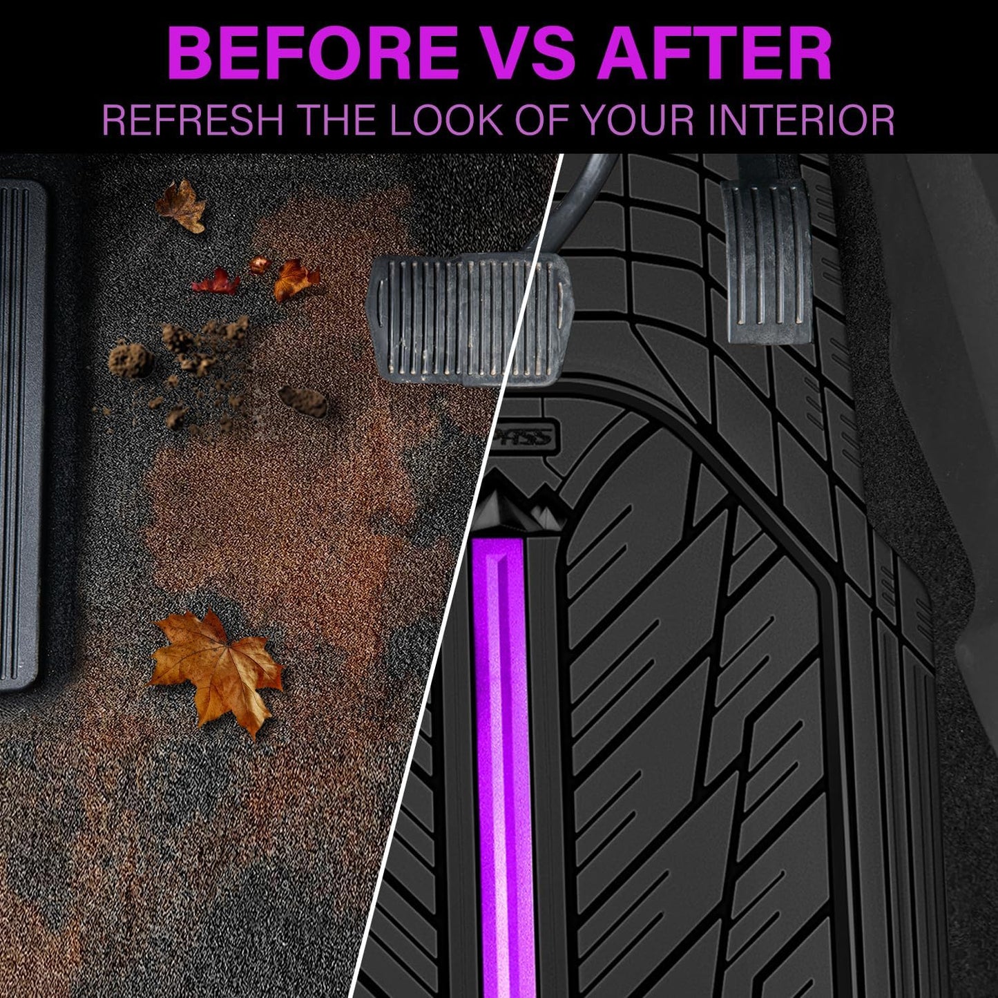 CAR PASS Metal Medium Rubber Floor Mats for Car Heavy Duty Car Mats All Weather, Universal Trim to Fit for Truck SUV Vehicle Automotive Floor Mats, Waterproof Car Mats 4 Piece Black Purple